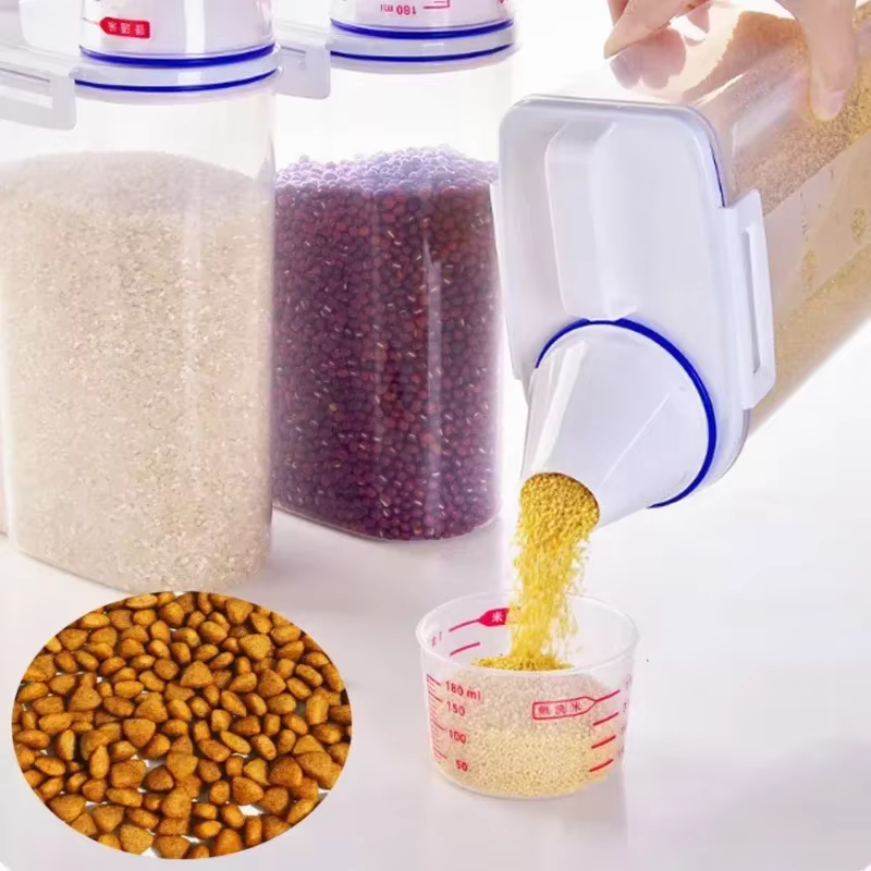 Balde de Comida para Perros y Gatos de 2kg, Tanque de Almacenamiento Plástico con Taza Medidora, Contenedor a Prueba de Humedad, Frasco Sellado, Accesorios para Mascotas — imagen 4