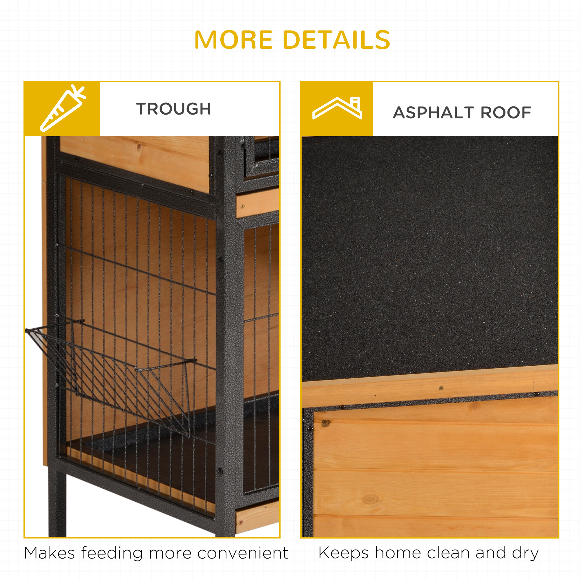 Conejera Grande de 2 Pisos de 48", Jaula de Madera con Estructura Metálica, Habitaciones, Rampa, Bandeja Antifugas, Comedero y Techo de Asfalto Impermeable para Conejos, Gallinas, Patos, Interior/Exterior — imagen 4