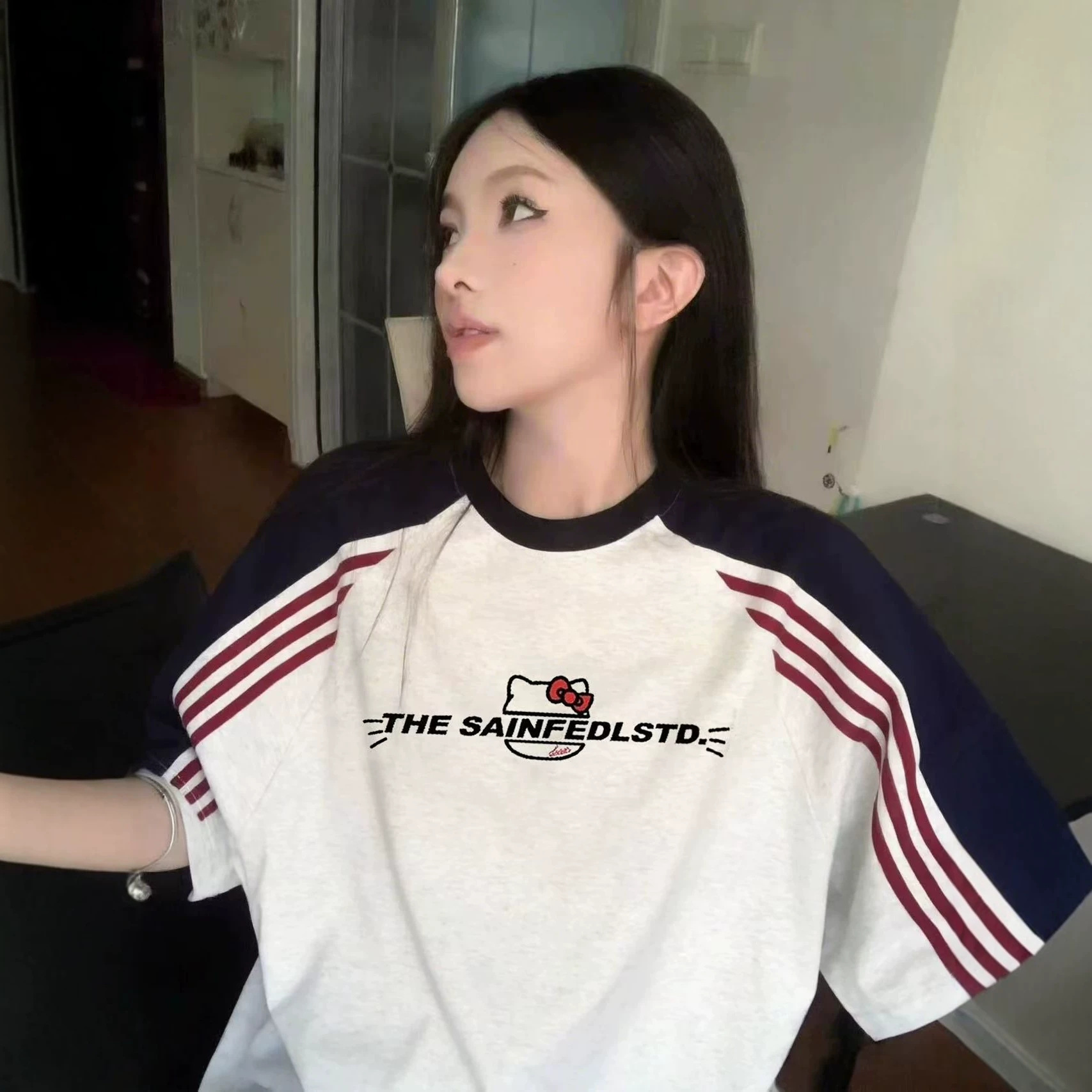 Cat Print Color-Blocking Short Sleeve T-Shirt for Women — image 5