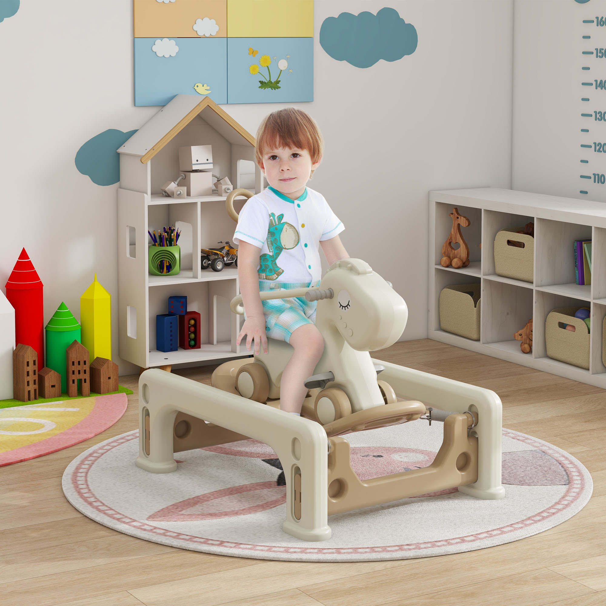 5 in 1 Rocking Horse for Toddlers 1-3 Years with Detachable Balance Board, Push Handle, Footrest, Cream White — imagen 7
