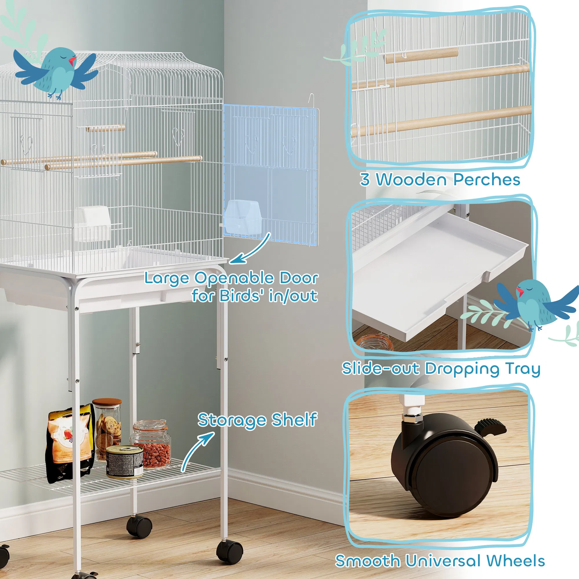 49" Rolling Bird Cage Cockatoo House Play Top Finch Pet Supply with Storage Shelf, Wheels - White — image 2