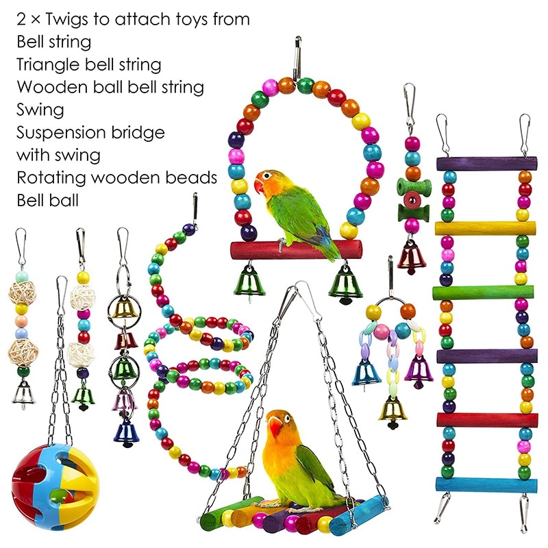 Paquete de 10 Juguetes para Jaula de Aves, Confiables y Masticables - Columpio, Puente Colgante, Cuentas de Madera, Pelota y Campana (en existencia) — imagen 4