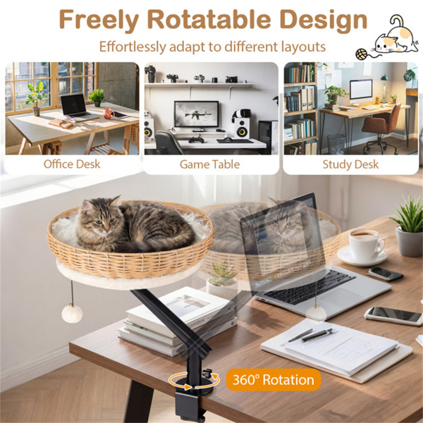Cama-Percha de Escritorio para Gatos Giratoria 360°, Refugio 2 en 1 para Espacio de Trabajo con Pelota de Cascabel, Natural Negro Blanco — imagen 8