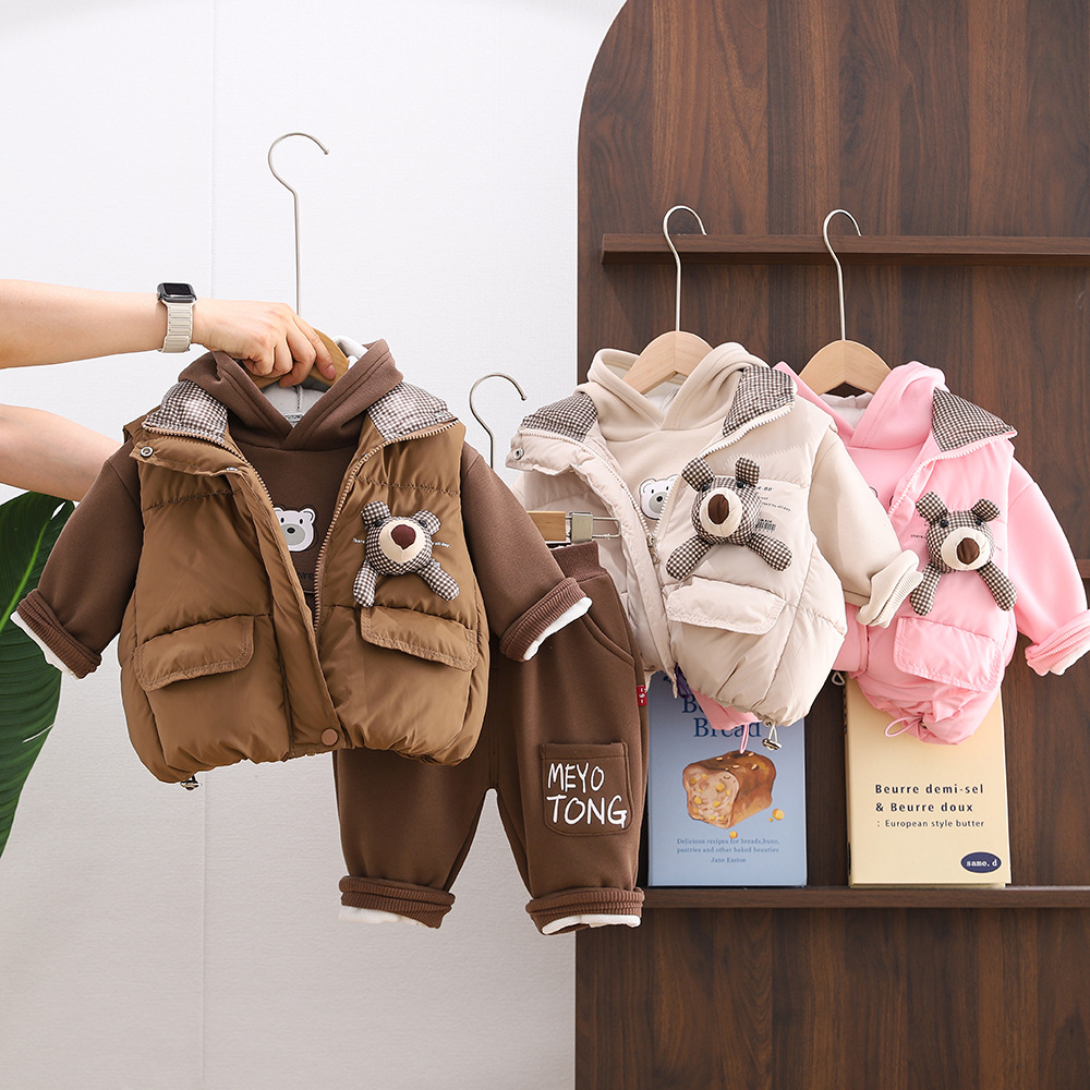 Unisex Kids Winter Fleece-Lined Hoodie Sweatshirt Thickened Bear Head Cotton Vest 3-Piece Set — image 3