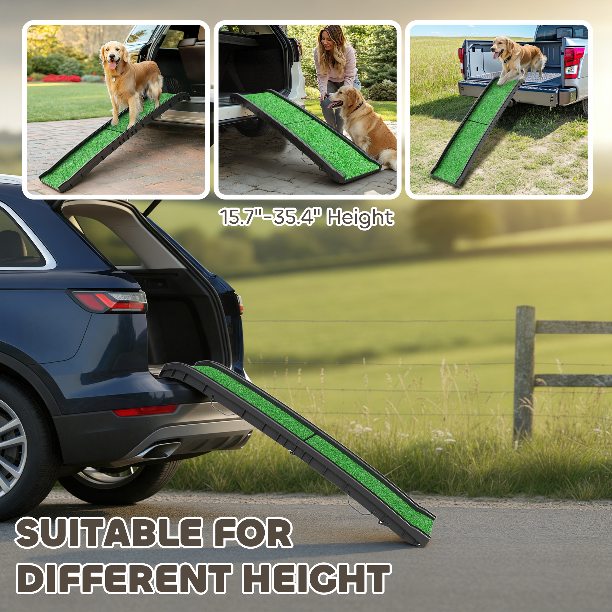 Folding Dog Ramp For Car, 61 Inches Portable Pet Ramp With Non Slip Grass Surface, Raised Side Rails — image 4