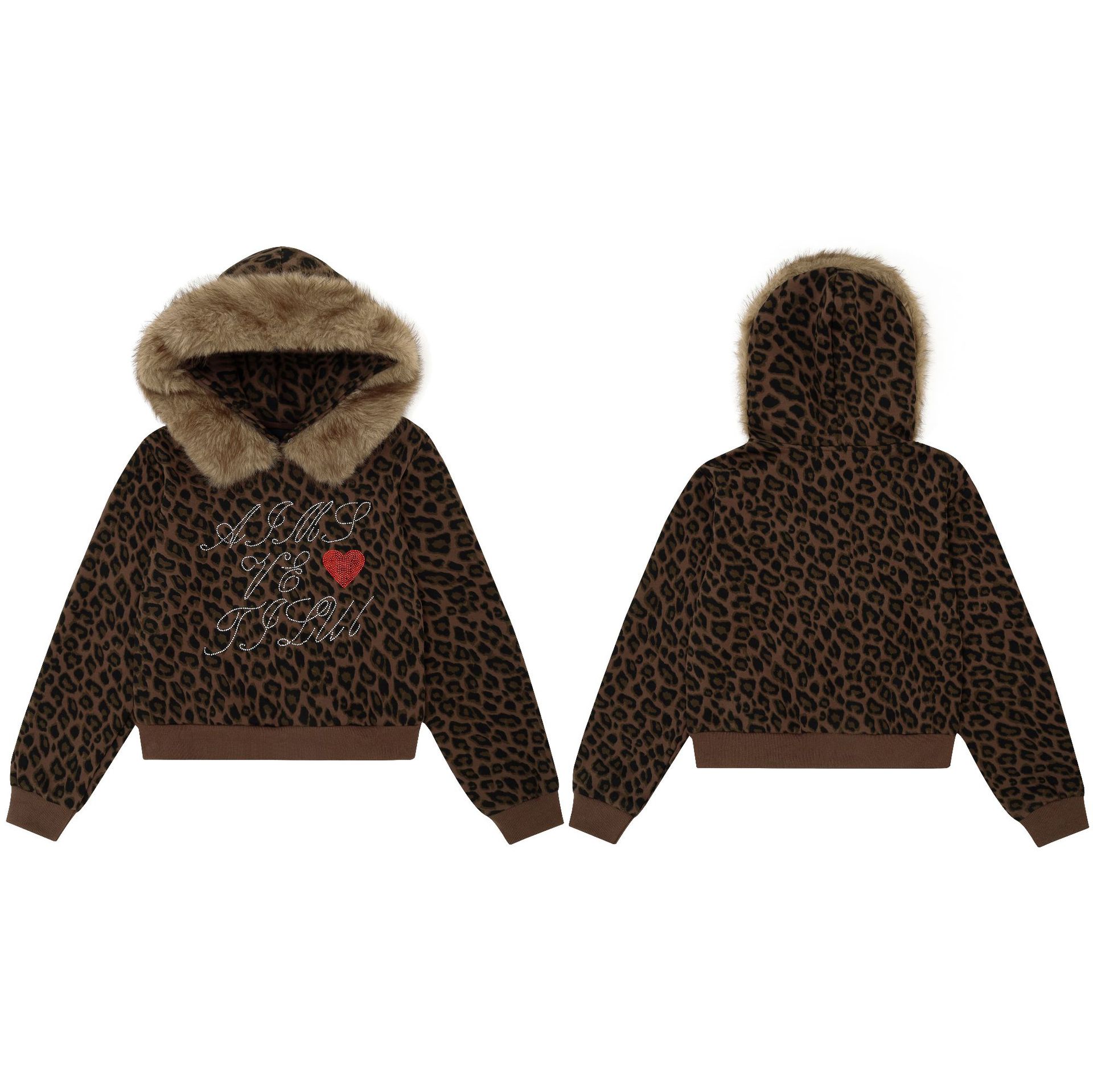 Women's Leopard Print Cropped Hooded Sweatshirt with Fur Collar and Rhinestone Heart Letters — image 5
