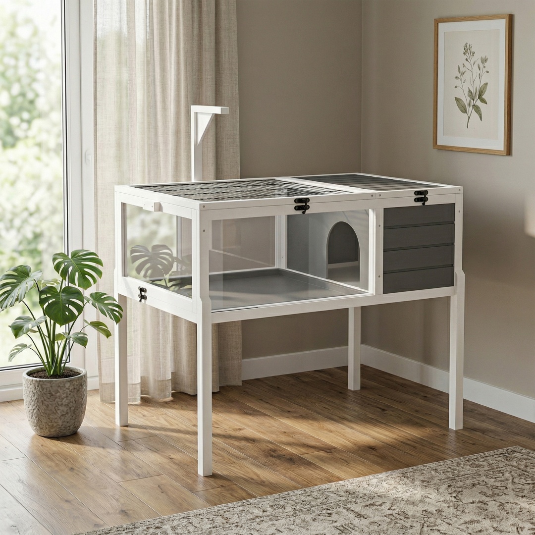 Hábitat de Reptiles Casa para Tortugas con Soporte de Lámpara, Gran Ventana de Observación, 2 Platos Impermeables, Patas Desmontables, Encierro de Madera Fácil de Limpiar para Tortugas, Lagartos, Geckos y Pequeños Animales Interior y Exterior — imagen 1