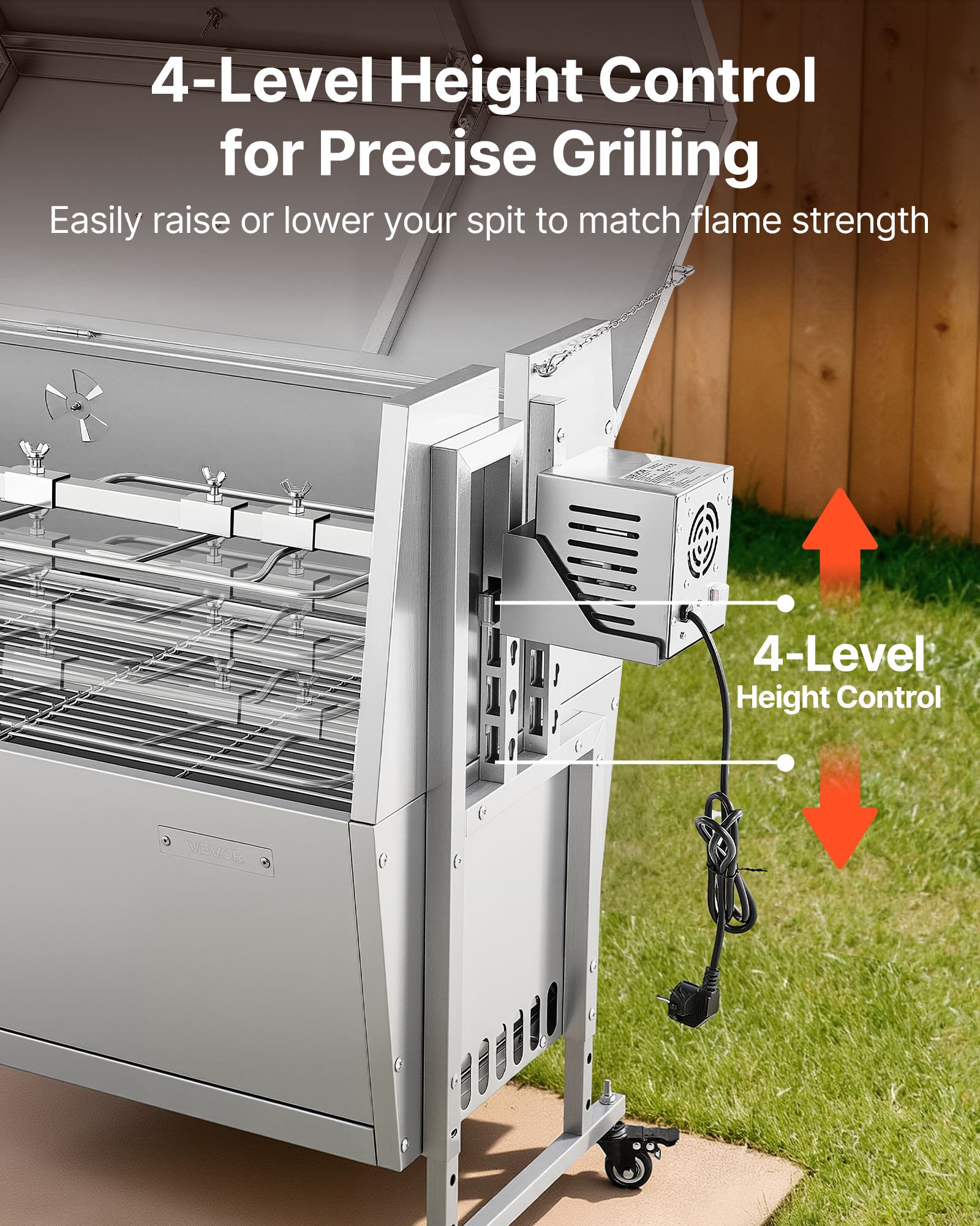 Asador de Rotisserie al Carbón, 38W, Capacidad Máxima para Cerdo y Cordero de 132 LBS, Con Ruedas y 4 Niveles de Altura, Kit de Asador Eléctrico con Acero Inoxidable para Camping Exterior — imagen 3