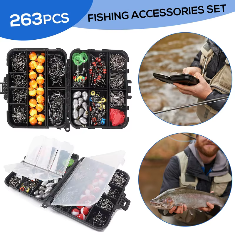 Set de 263 Piezas de Accesorios de Pesca al Aire Libre con Caja de Aparejos, Incluye Alicate, Anzuelos, Plomos, Giratorios y Broches — imagen 4