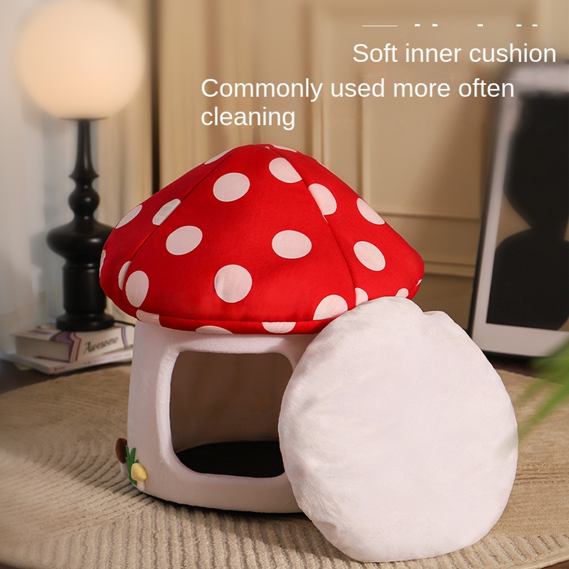Red Umbrella Mushroom Cat House Dog Bed Winter Warm Closed-Style Cat House Pet Nest All-Season Universal for Cats and Dogs — image 4
