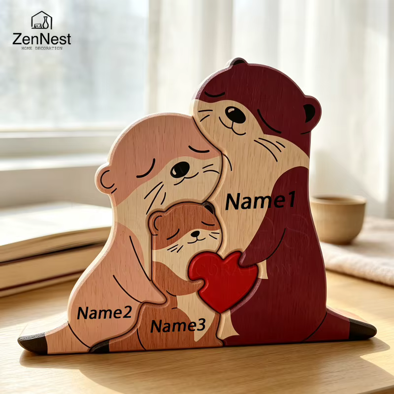 Cute Otter Family Wood Puzzle Ornament Red Heart Tabletop Decor Mother's Day Christmas Birthday Home Office Souvenir Gift — image 4