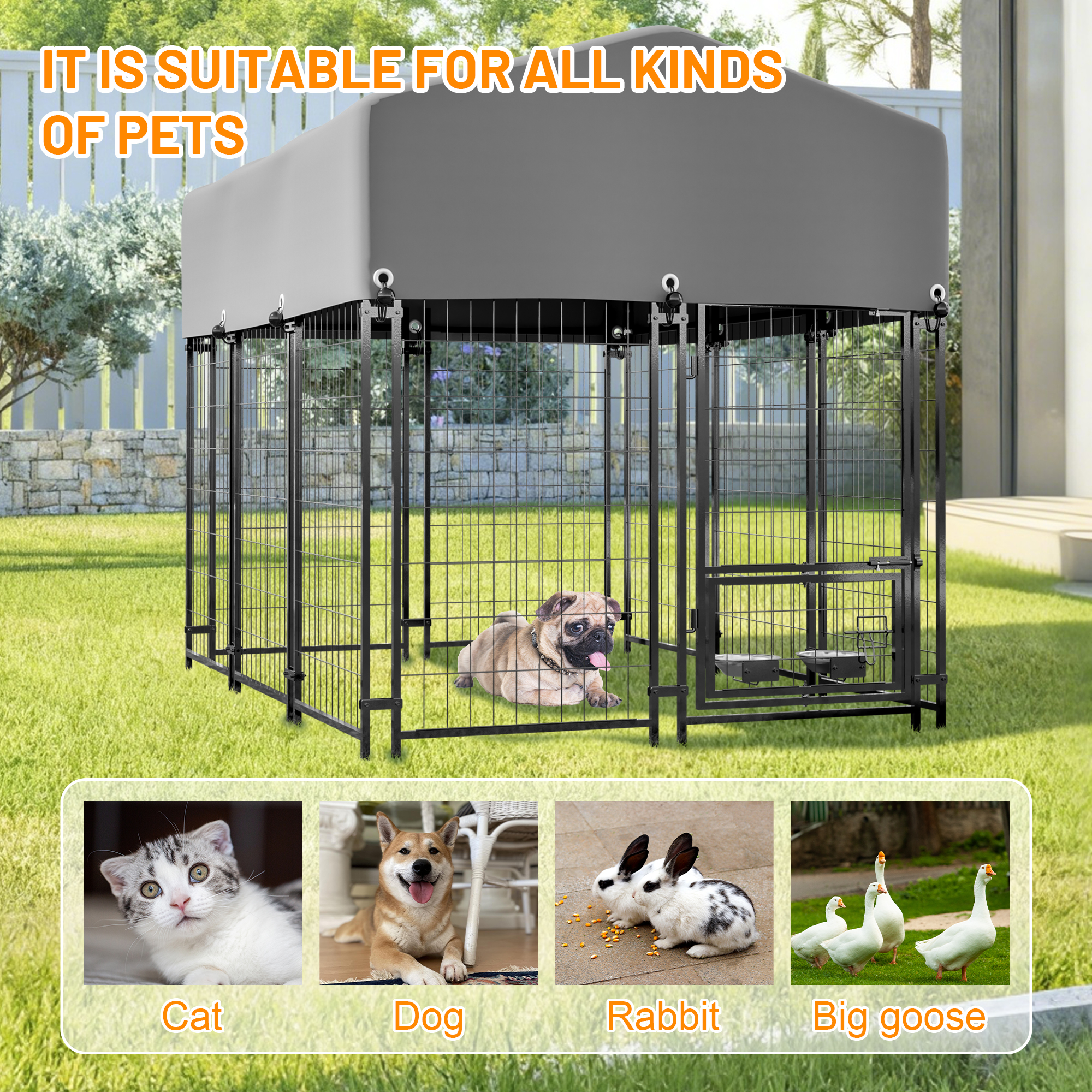 Casa para Perros Exterior con Techo, 4.23'x5.82'x4.83' Encierro de Alambre Soldado, Caja para Perros Resistentes con Cubierta Resistente a UV y Agua, Doble Bloqueo &amp; Comedor Rotativo — imagen 4