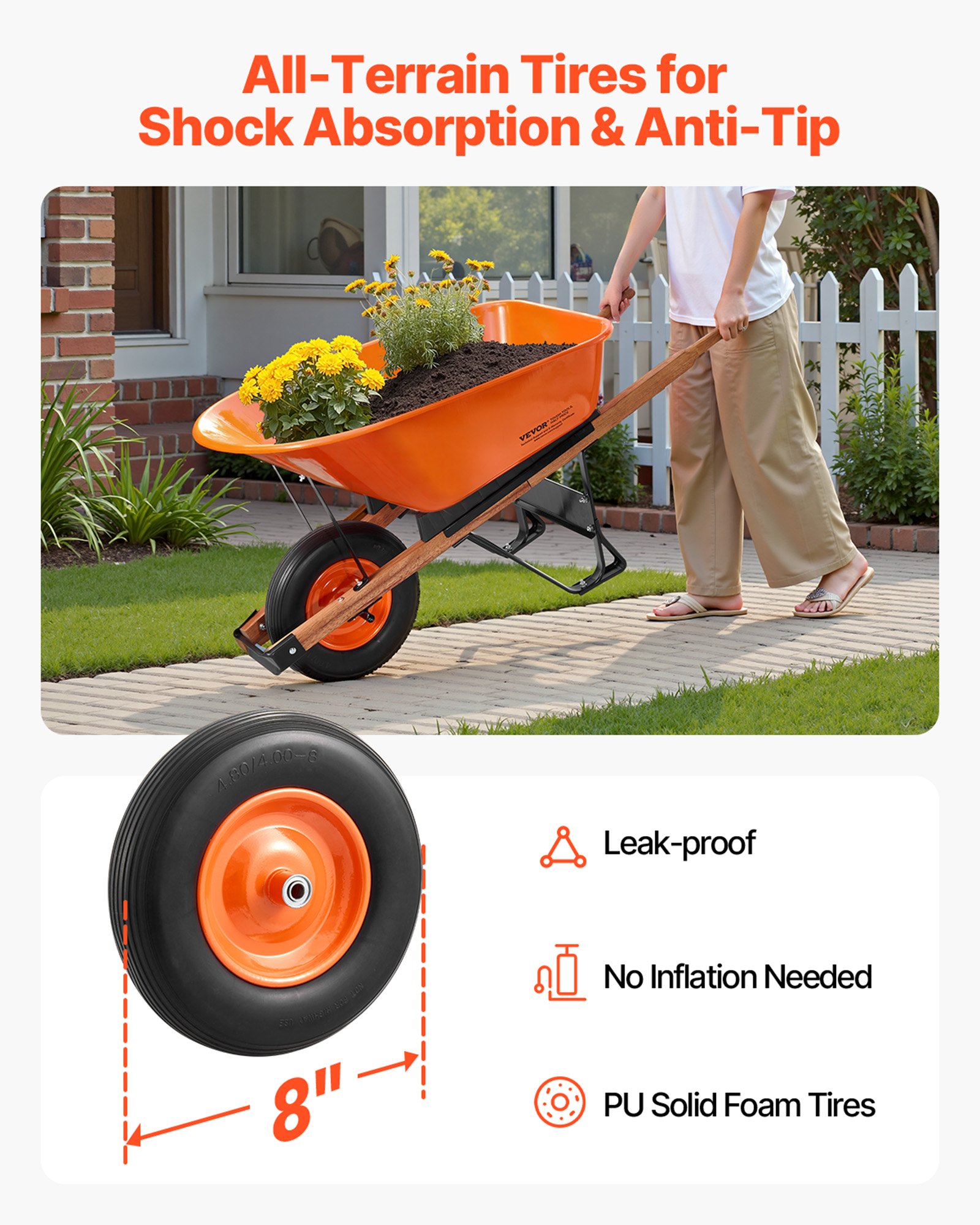 Carrito de Rueda para Jardín, 6 pies cúbicos y 330 lbs de capacidad, Carretilla con Manija de Metal y Ruedas de Pista 16' para Transporte Fácil en Jardines y Granjas — imagen 5