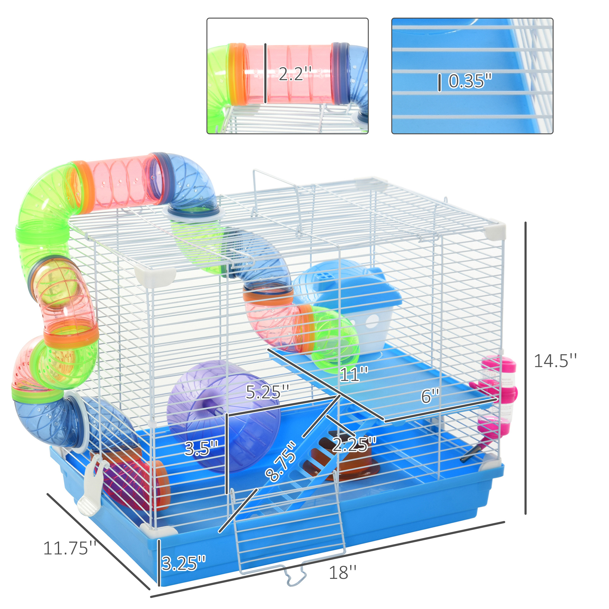 Jaula para Hámster de 2 Niveles, Casa para Roedores y Gerbos, Hábitat para Ratones y Ratas de Alambre Metálico con Rueda de Ejercicio, Tubos de Juego, Botella de Agua, Platos de Comida y Escalera Interior — imagen 3