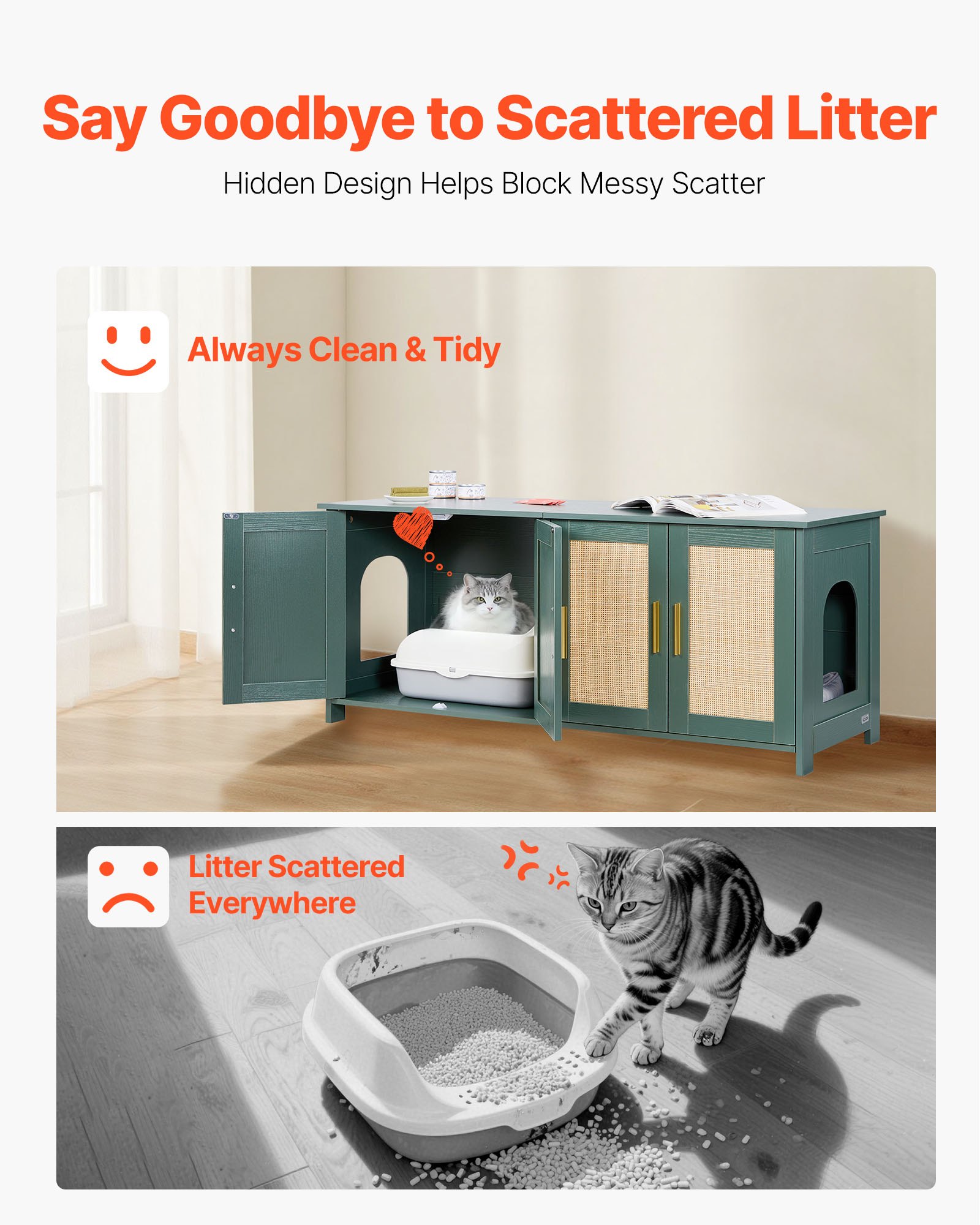 Cat Litter Box Enclosure For Multi Cats, 47.2 In Hidden Litter Box Cabinet With 4 Rattan Doors & 2 Entries, Indoor Cat Washroom, Wooden Kitty House Furniture, Fit Most Litterboxes, Green — image 5