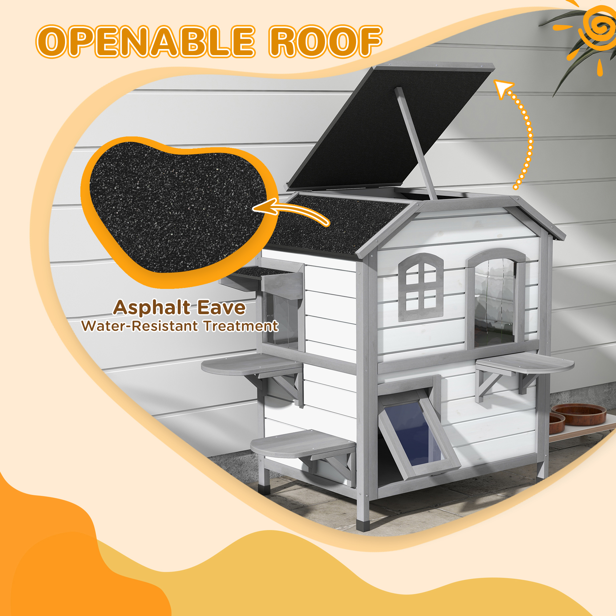 Wooden 2-Story Outdoor Cat House, Feral Cat Shelter Kitten Condo with Openable Asphalt Roof and 4 Platforms, White — image 6