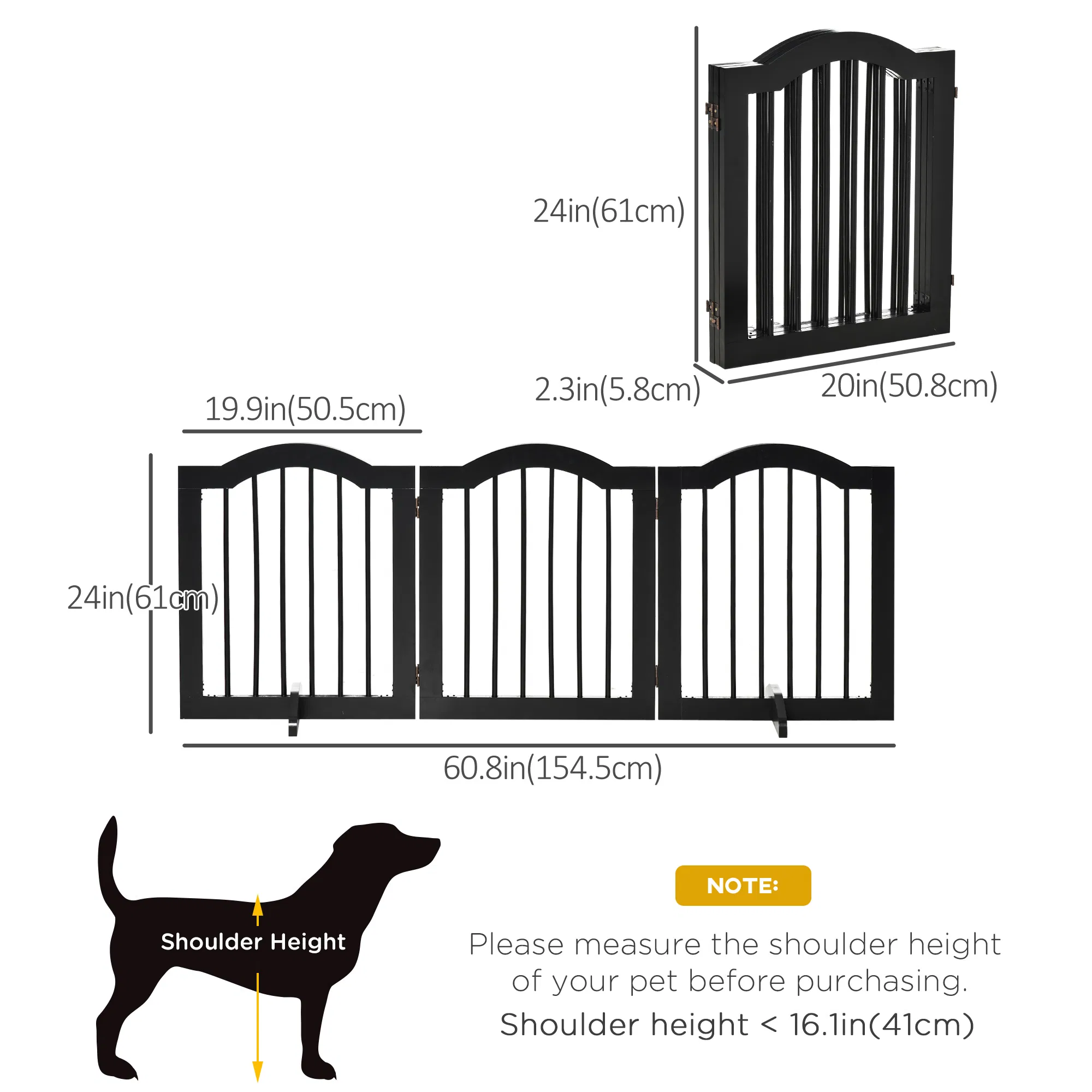 H Foldable Dog Gate, 3 Panels Freestanding Pet Gate Barriers Indoor with Support Feet, Puppy Fence for Small Dogs, Black — image 4