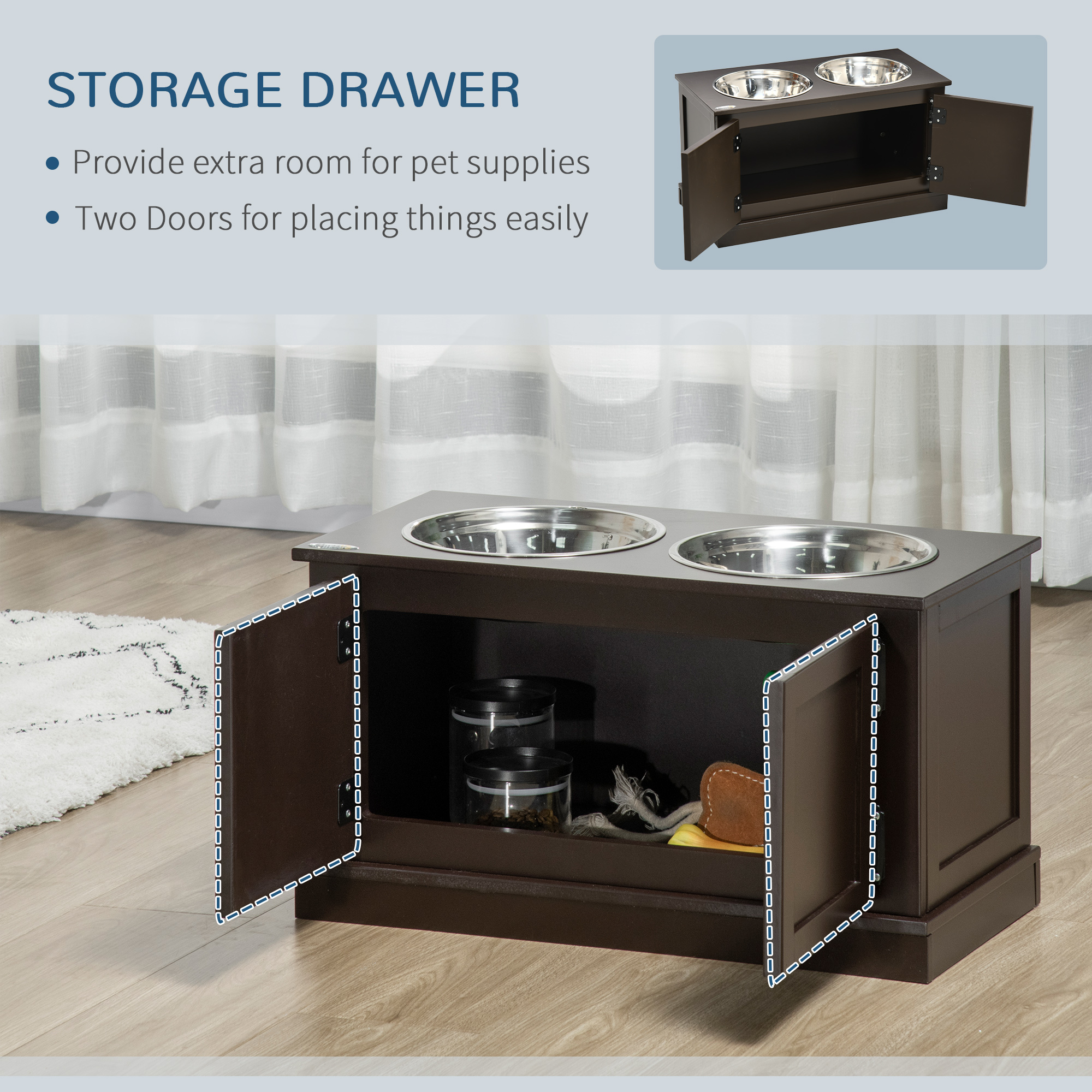 Comedor Elevado para Perros con Almacenamiento, Dos Tazas de Acero Inoxidable para Perros Grandes, Café — imagen 8