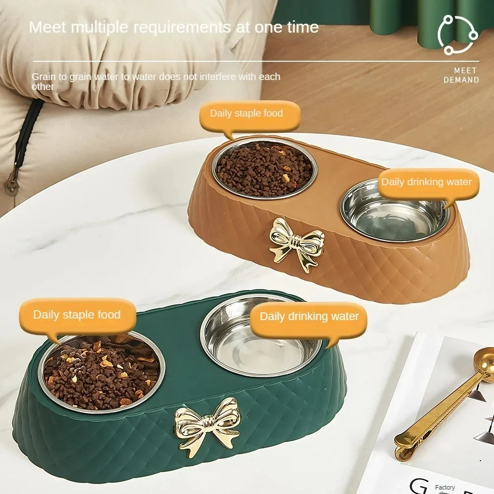 Pet Supplies Bow-tie Bowknot Cats Food Bowl PP Base Dog Bowl Stainless Steel Double Pet Accessories Feeding Drinking Double Bowl — image 4