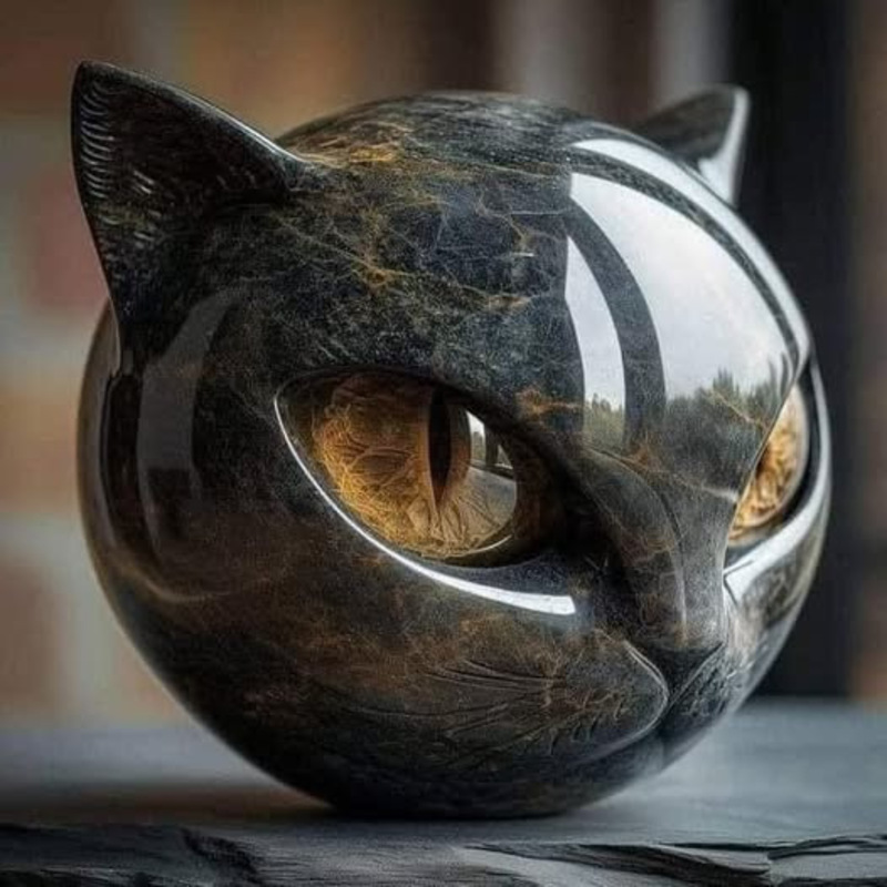 Black cat stone statue (resin head, marble texture): healing stone, souvenir, gift, home/office desk decor — image 5
