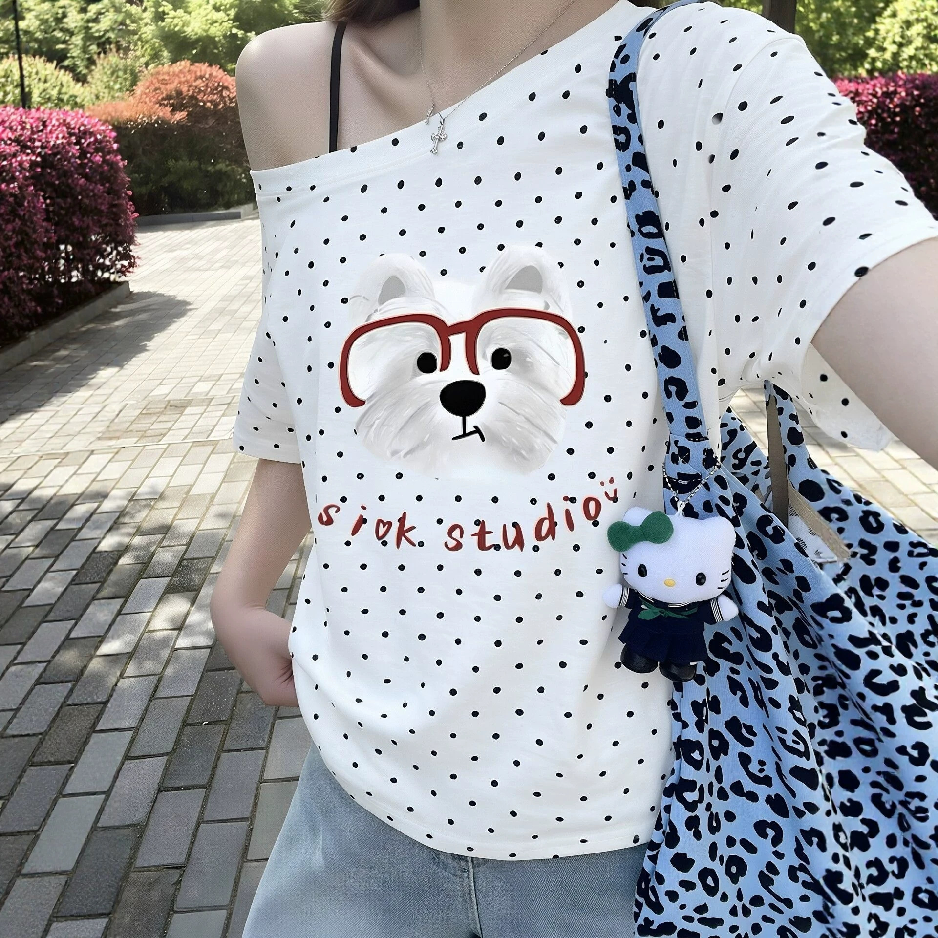 Dog Print Polka Dot Asymmetrical Shoulder Short Sleeve T-Shirt — image 3