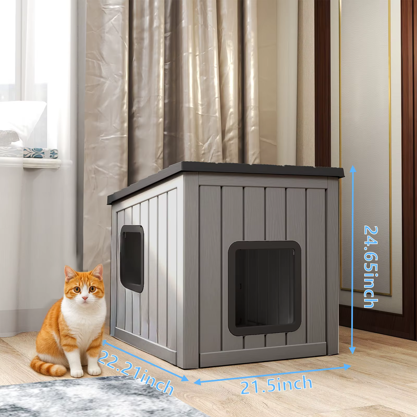 Cabaña de Plástico Resistente a la Lluvia para Gatos con Techo Inclinado, Refugio para Patio y Jardín Interior-Exterior — imagen 6
