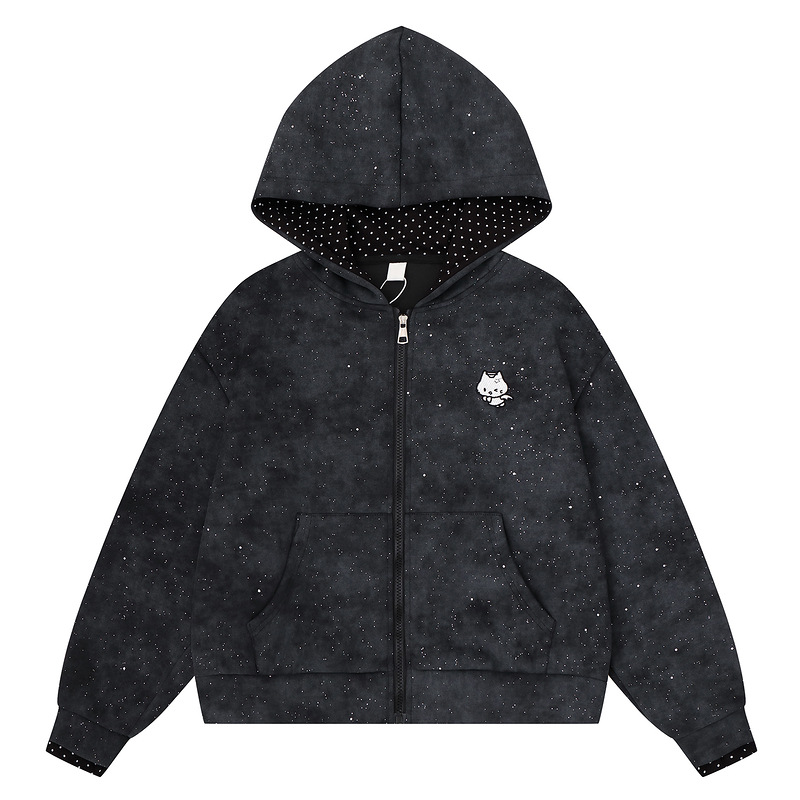 Light blue sparkling kitten embroidery hooded cardigan for women — image 3