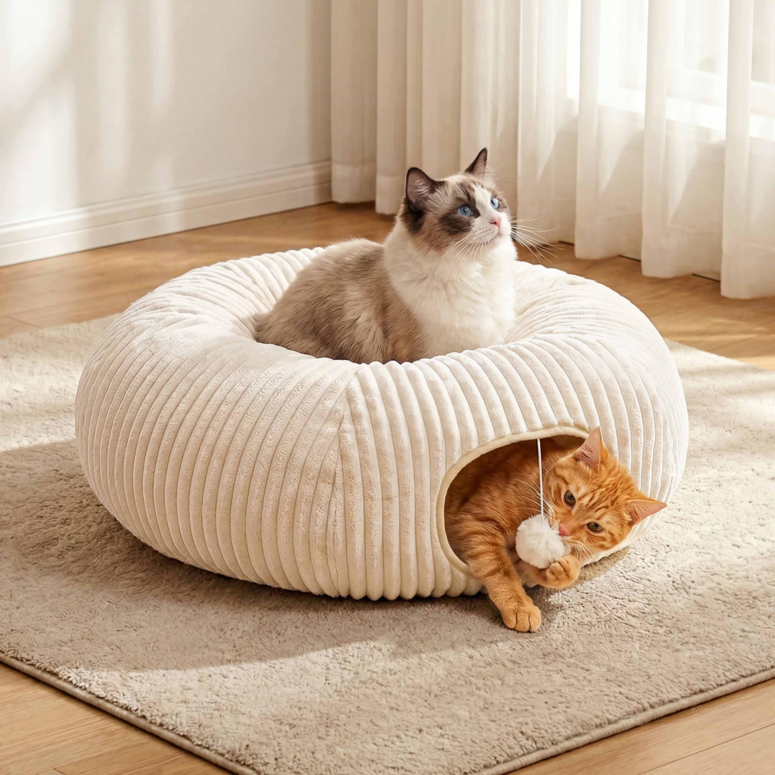 Cat Tunnel Bed With Interactive Cat Toys, Cat Tube With Kitten Toys For Indoor Kittens, Collapsible Play Tunnel, White — image 8