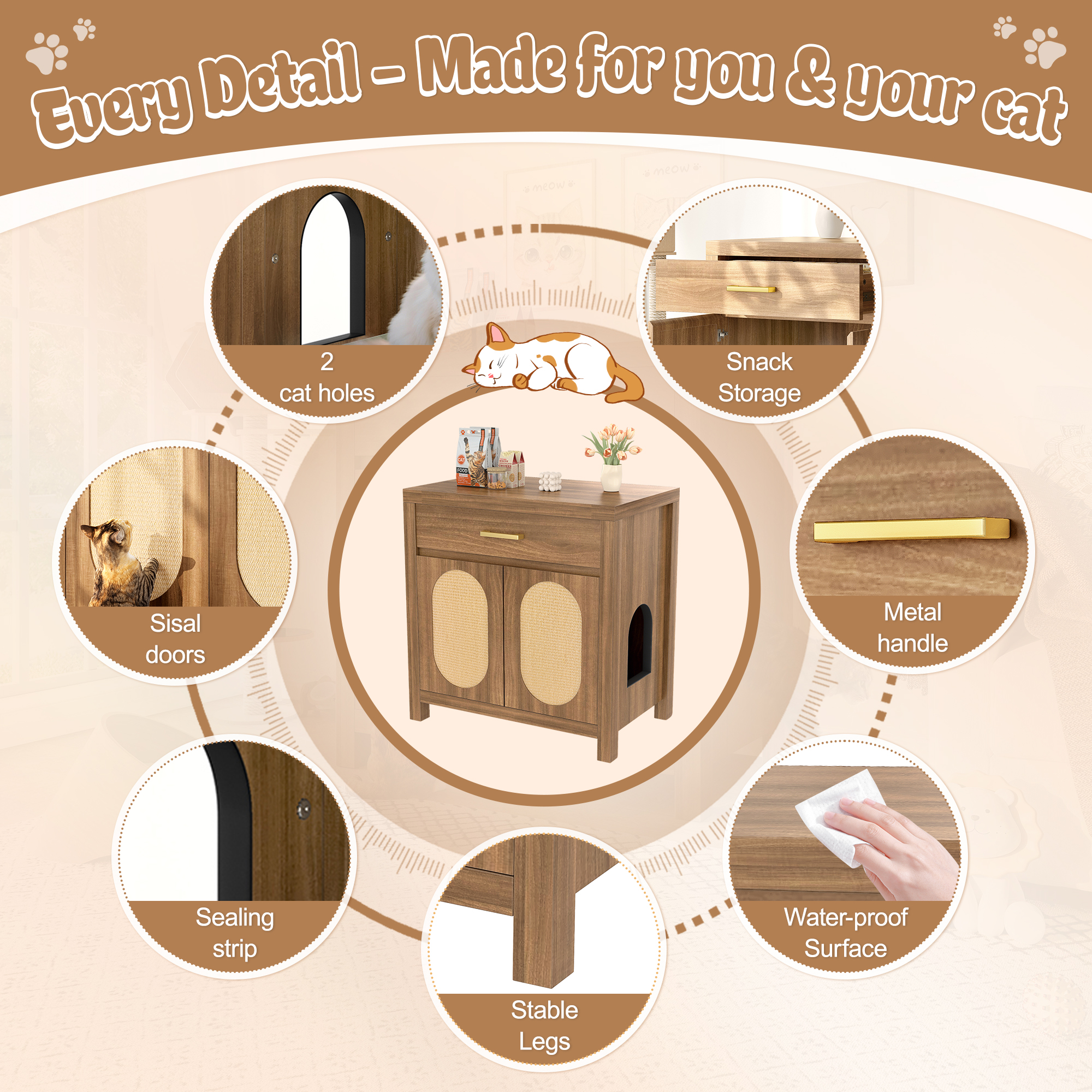 Cat Litter Box Enclosure, Hidden Cat Litter Box Furniture With Scratching Board Doors And Storage Drawer, Wooden Washroom Cat House Table Nightstand Box Cabinet, Espresso — image 2