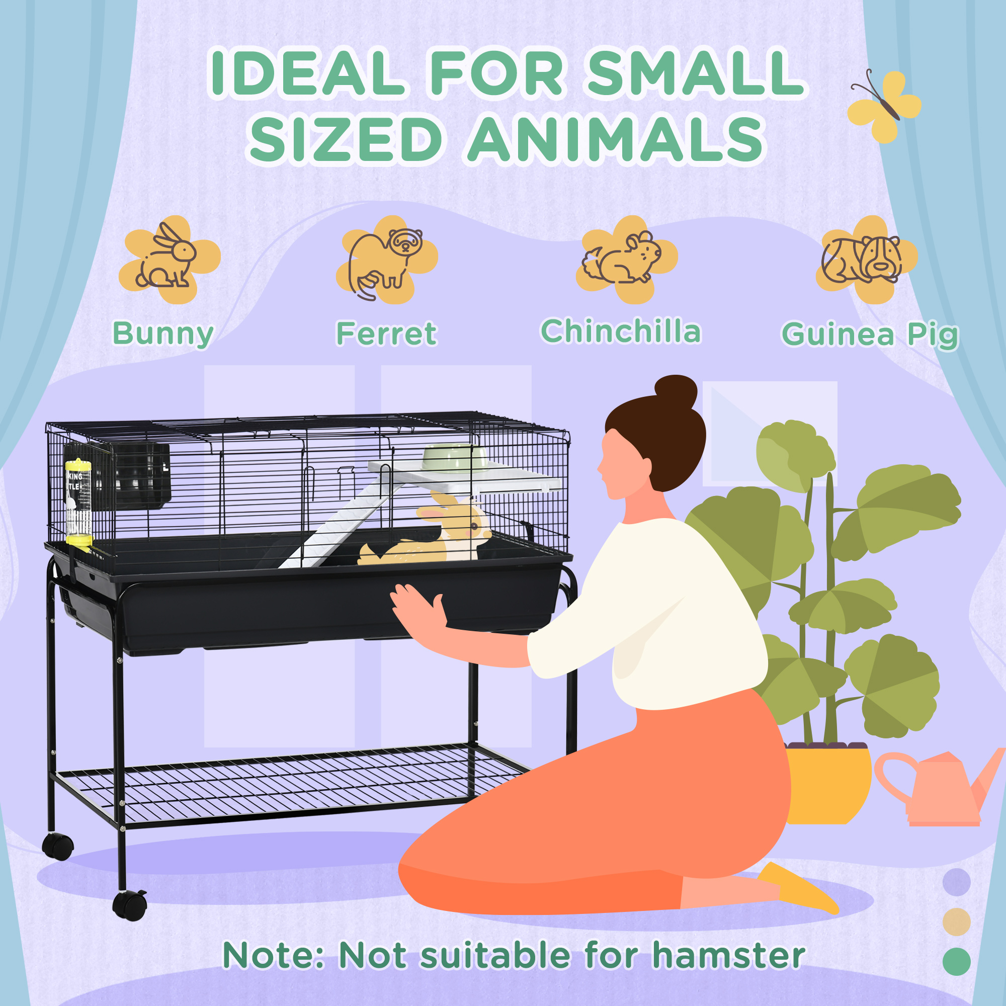 Caja de Animales Pequeños de Dos Niveles, Removible del Soporte, Acogida para Conejos, Pájaros Exóticos, Hamsters, Ratas, 39" x 20.5" x 36.5", Negro — imagen 8