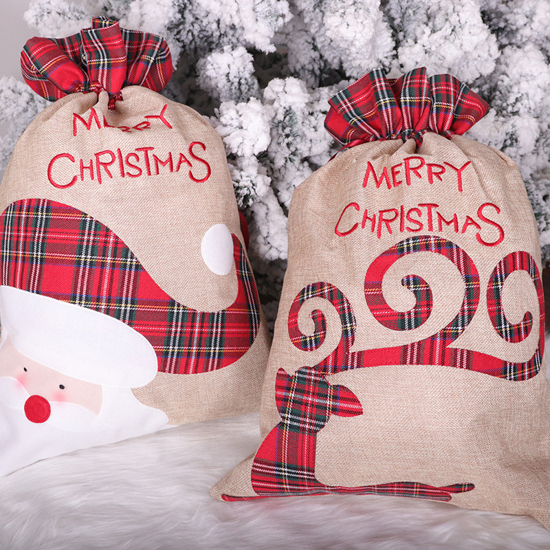 Santa Claus Little Deer Christmas Linen Gift Bag Drawstring Ribbon Candy Bag Christmas Decorative Apple Bag — image 3