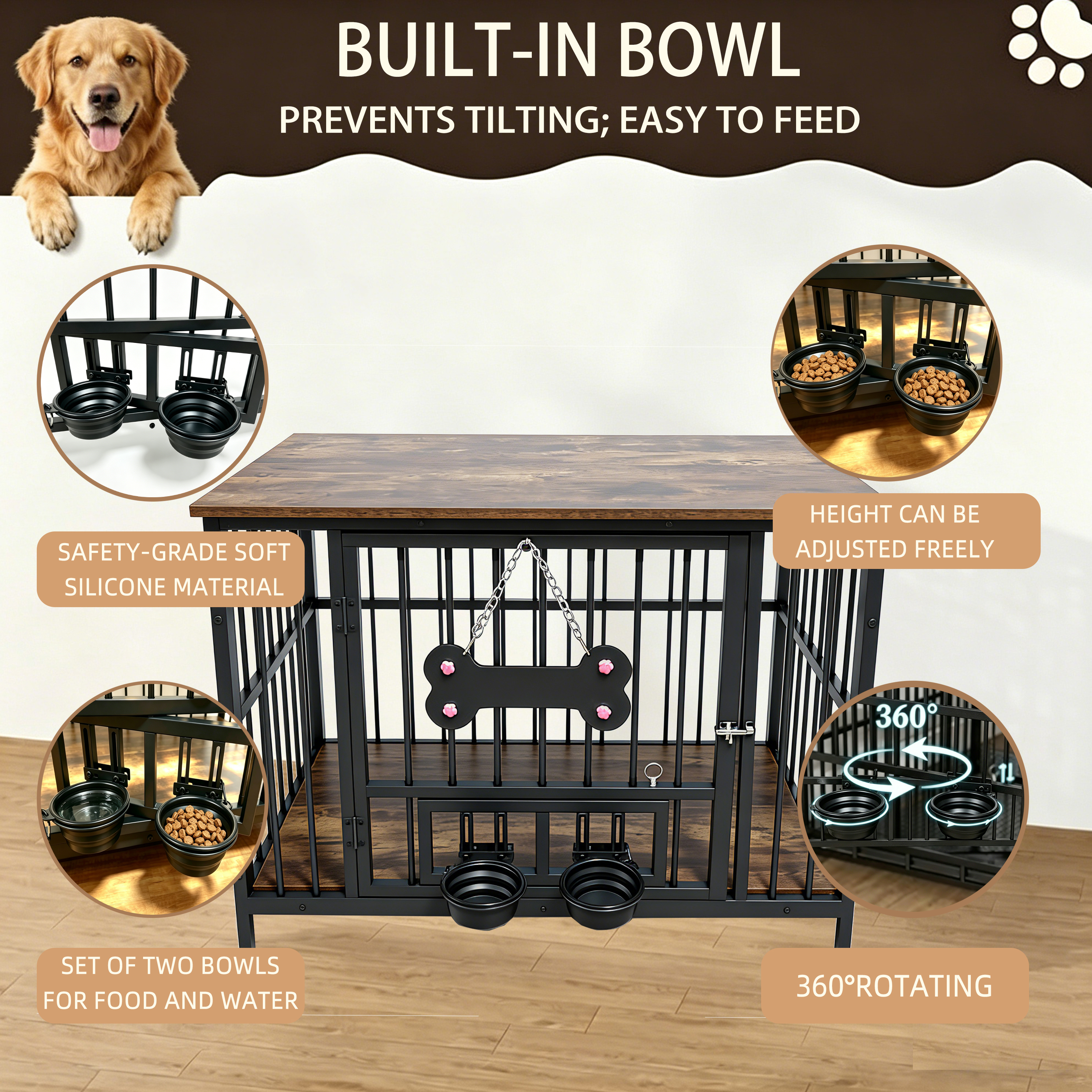 Caja de perro en madera antigua con borde de grano de madera, tazón giratorio 360° con material suave de silicona de seguridad grado — imagen 11