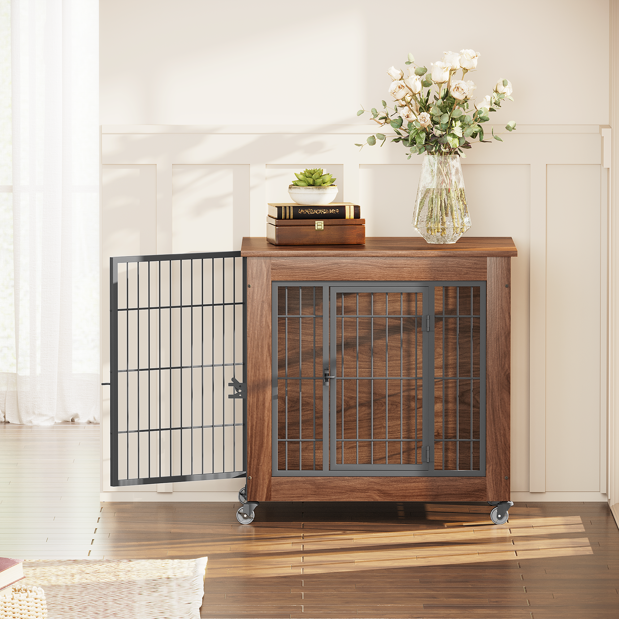 Jaula de Madera Tipo Mueble para Perros de 27.2" con Ruedas para Perros Pequeños, Jaula para Perros Resistente de Interior con 2 Puertas, Mesa Auxiliar con Jaula para Mascotas, Jaula Metálica de Doble Puerta para Perros con Ansiedad — imagen 3