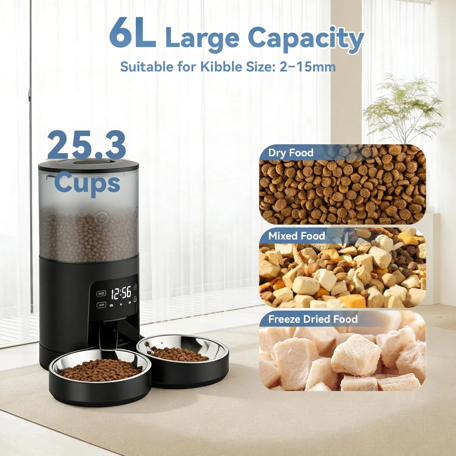 Automatic Cat Feeder for 2 Cats, Timed Cat Food Dispenser with 2 Stainless Bowls, 10s Voice Recorder, Dual Power Supply, 6 Meals 50 Portions Per Day, Dual Pet Feeder for Cat and Dog — image 6
