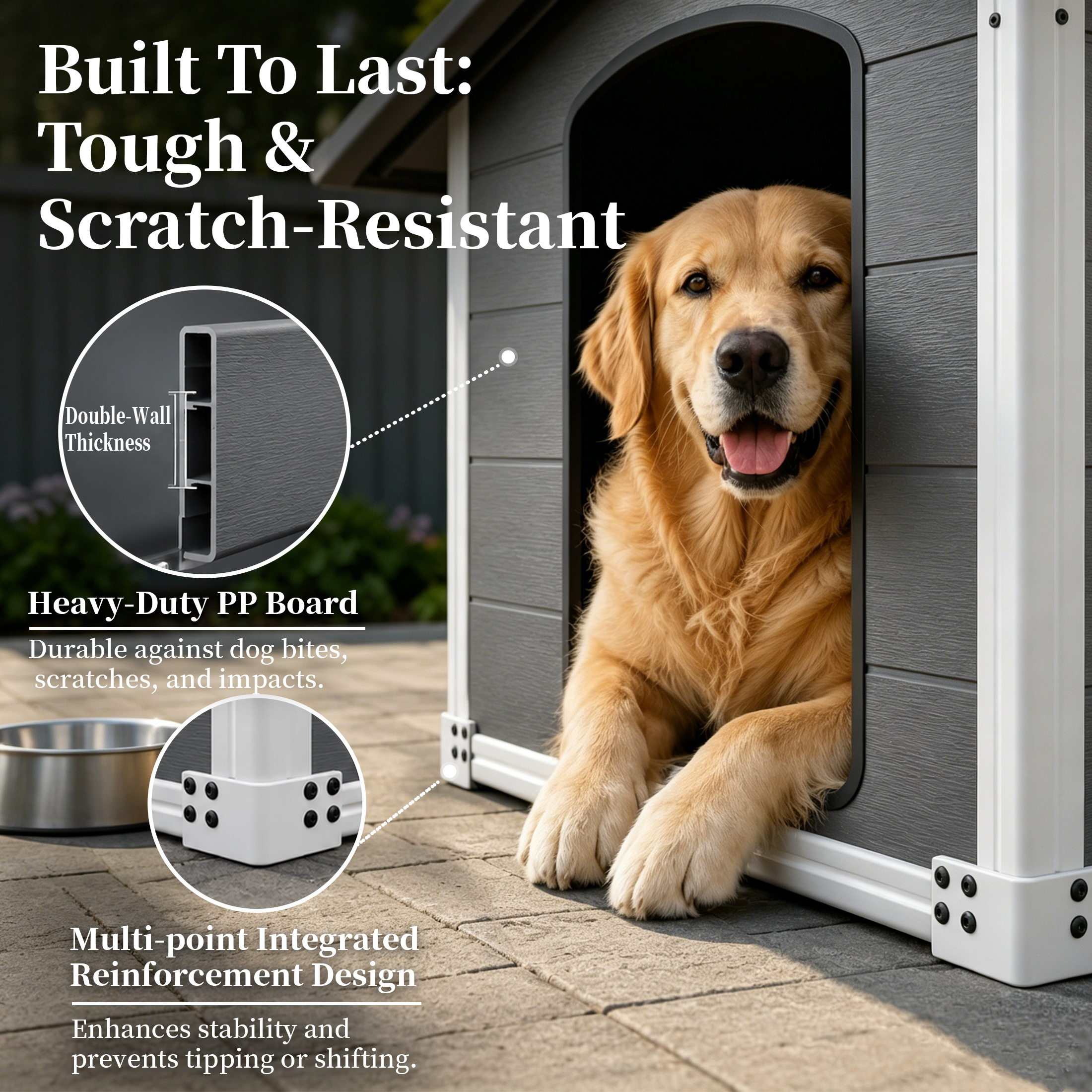 Caseta Grande para Perro de 50.5" para Razas Grandes, Casa para Mascotas de Uso Interior y Exterior de Alta Resistencia, Impermeable, Protección UV, Panel de PP de Doble Pared Resistente a Rasguños, Ventilación Frontal y Trasera – Fácil de Limpiar y Lavable — imagen 11