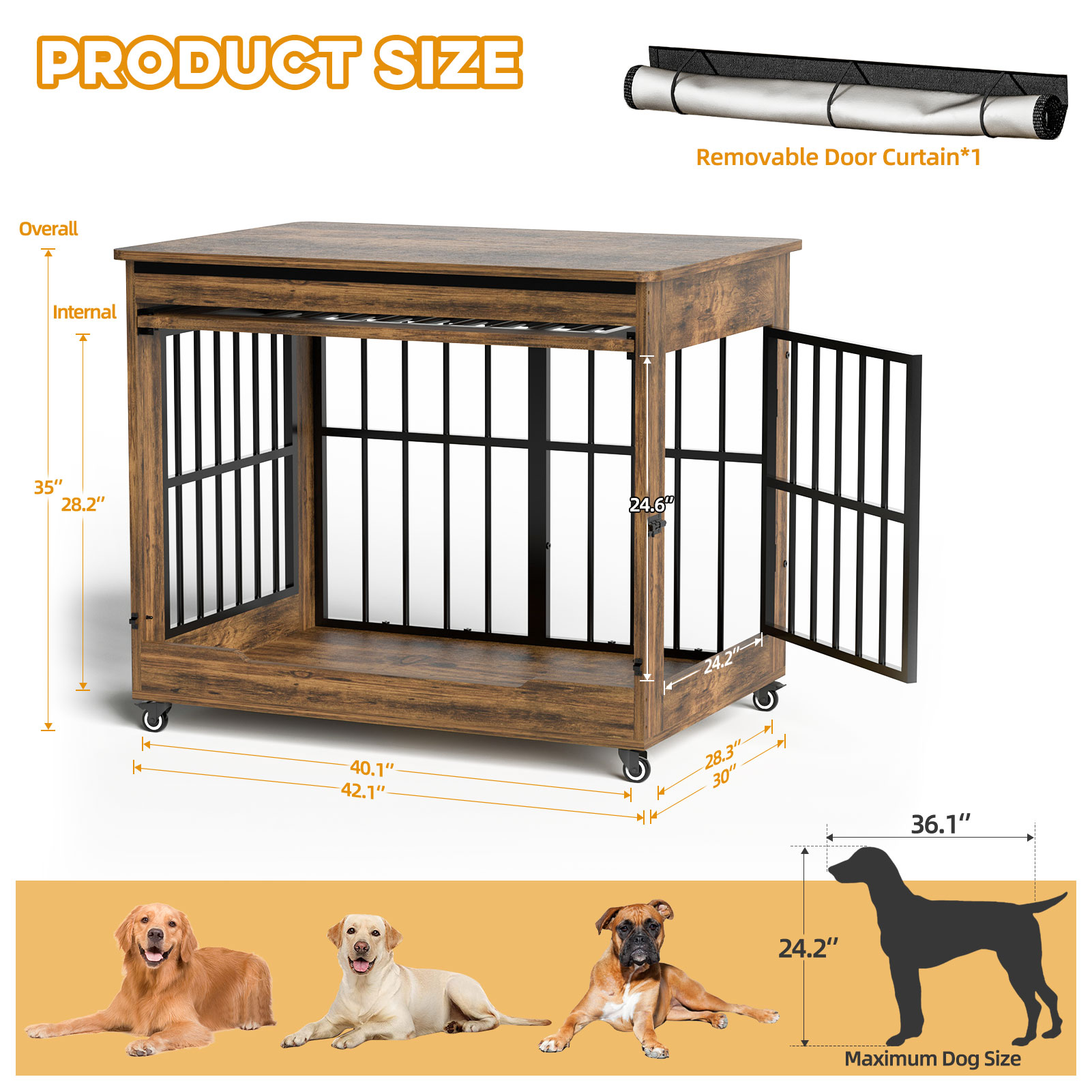 Large Dog Crate Furniture, Double Door Wooden Indoor Dog Kennel Furniture, Decorative Pet Cage End Table With Wheels For Large Breed Dogs, Size XL, Greige — image 19