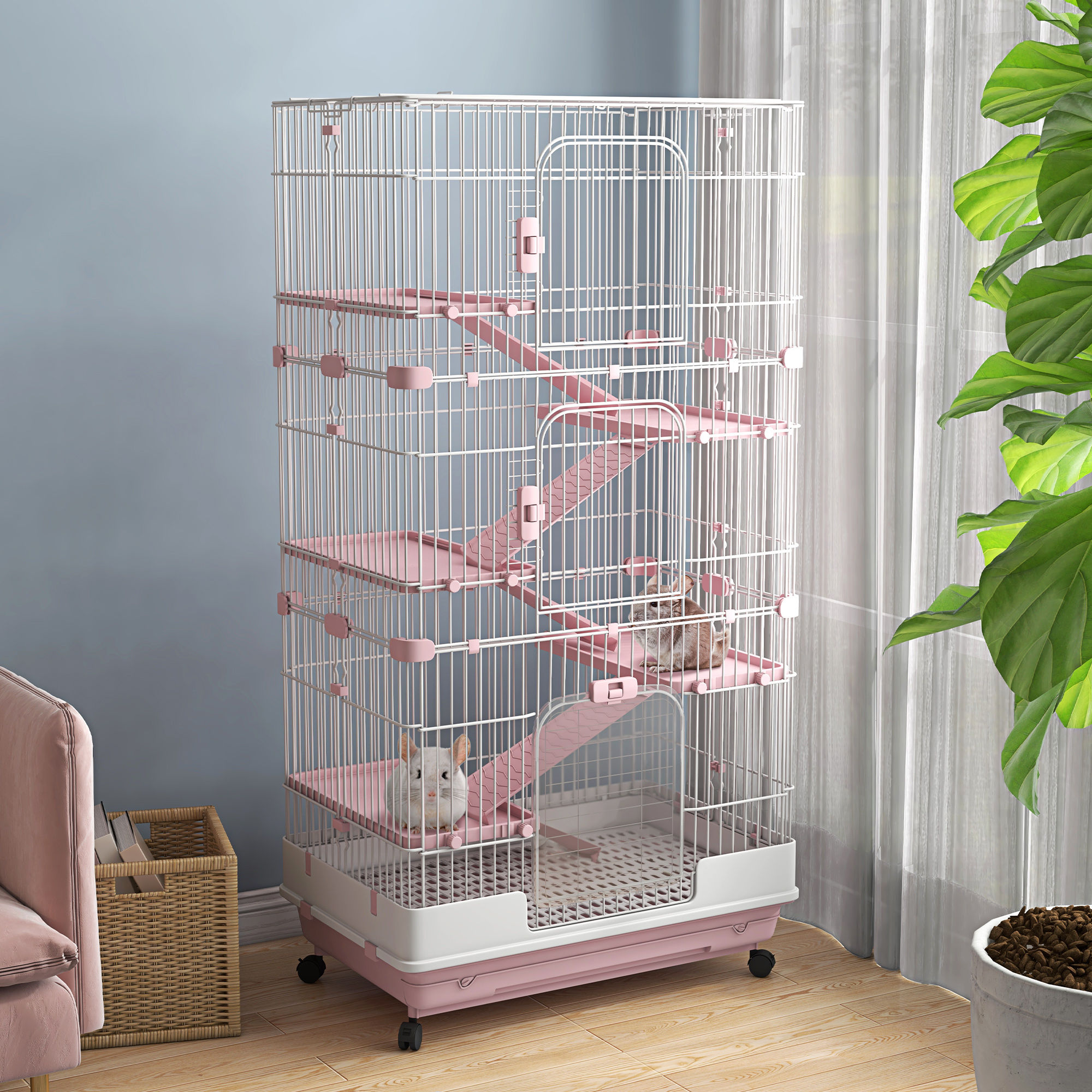 L 6-Level Small Animal Cage Rabbit Hutch with Universal Lockable Wheels, Slide-out Tray for Bunny, Chinchillas, Ferret, Pink — imagen 8