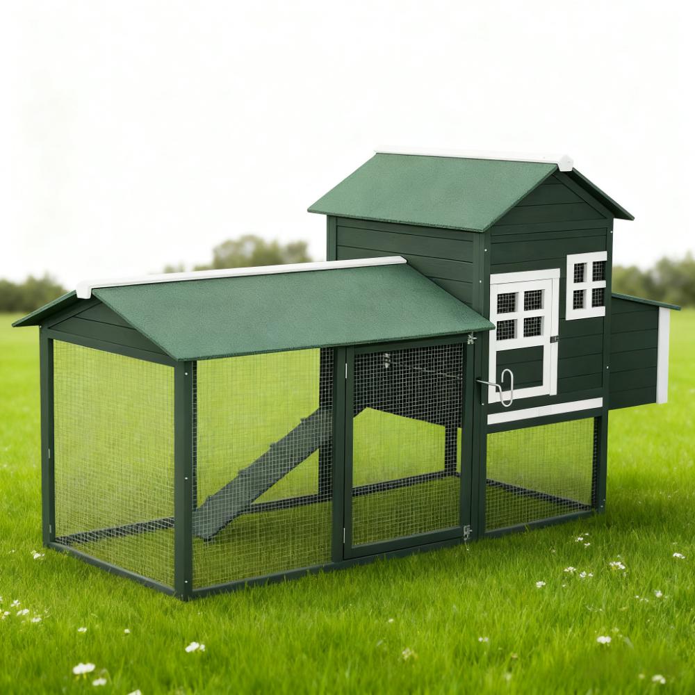 Chicken Coop Hen House Outdoor With Run Nesting Box, Asphalt Roof, Removable Tray Wooden — image 5