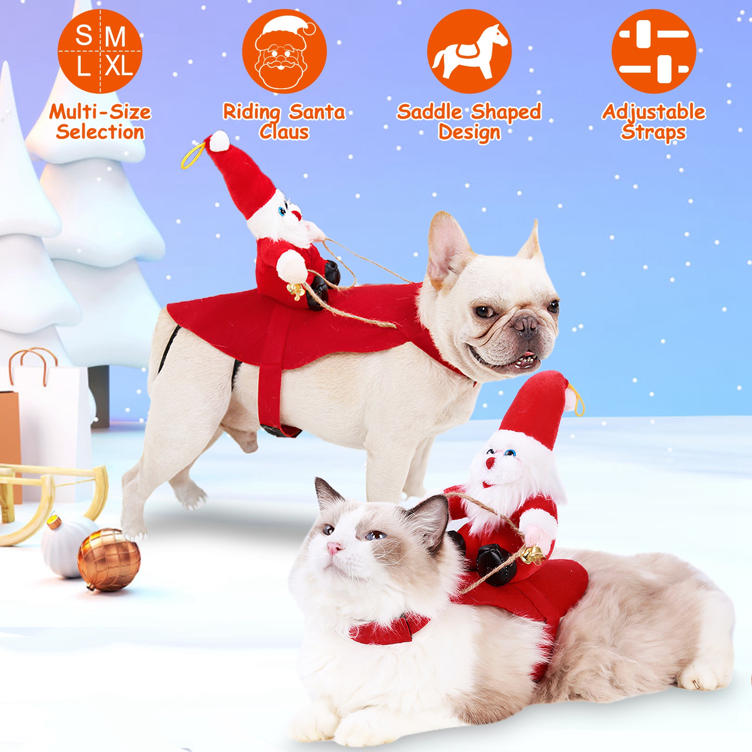Opciones de Tamaño S-M-L-X - 1 Pieza Traje de Navidad para Mascotas - Chaqueta Roja con Patrón de Papá Noel y Campana para Perros y Gatos — imagen 7