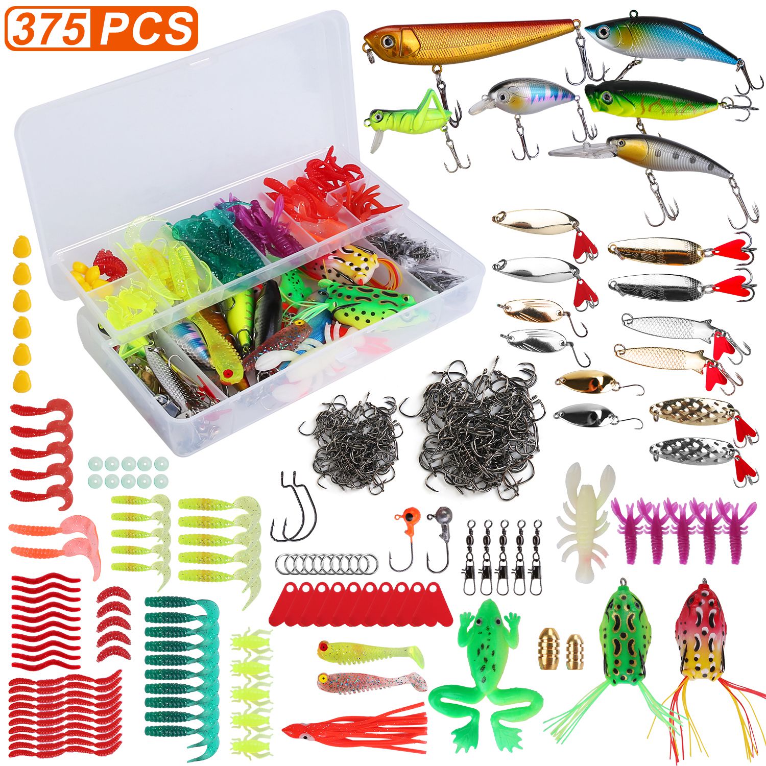 Set de 375 Piezas de Señuelos de Pesca y Caja de Aparejos, Kit de Señuelos para Agua Salada y Dulce, Poppers, Crankbaits, Grillos, Ranas y Señuelos Cuchara Realistas — imagen 1