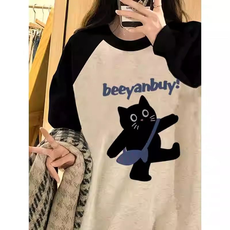Oversized Fleece Hoodie for Women with Color-Blocked Shoulder and Cat Print, Round Neck — image 1
