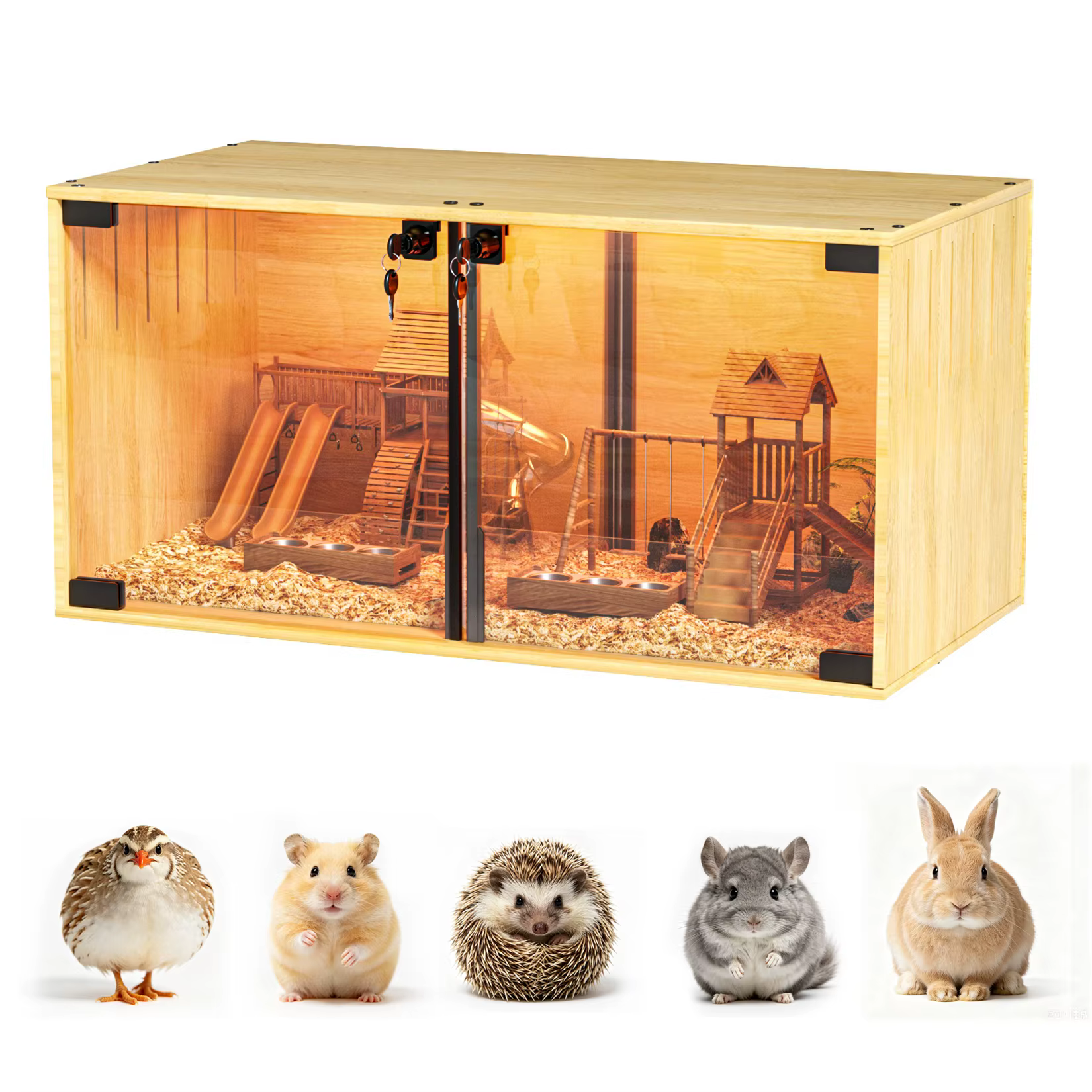 Wooden Hamster Cage Chew-proof Small Animal Habitat Cage with Dual Doors Lock Removable Divider Hedgehogs Enclosure — image 6