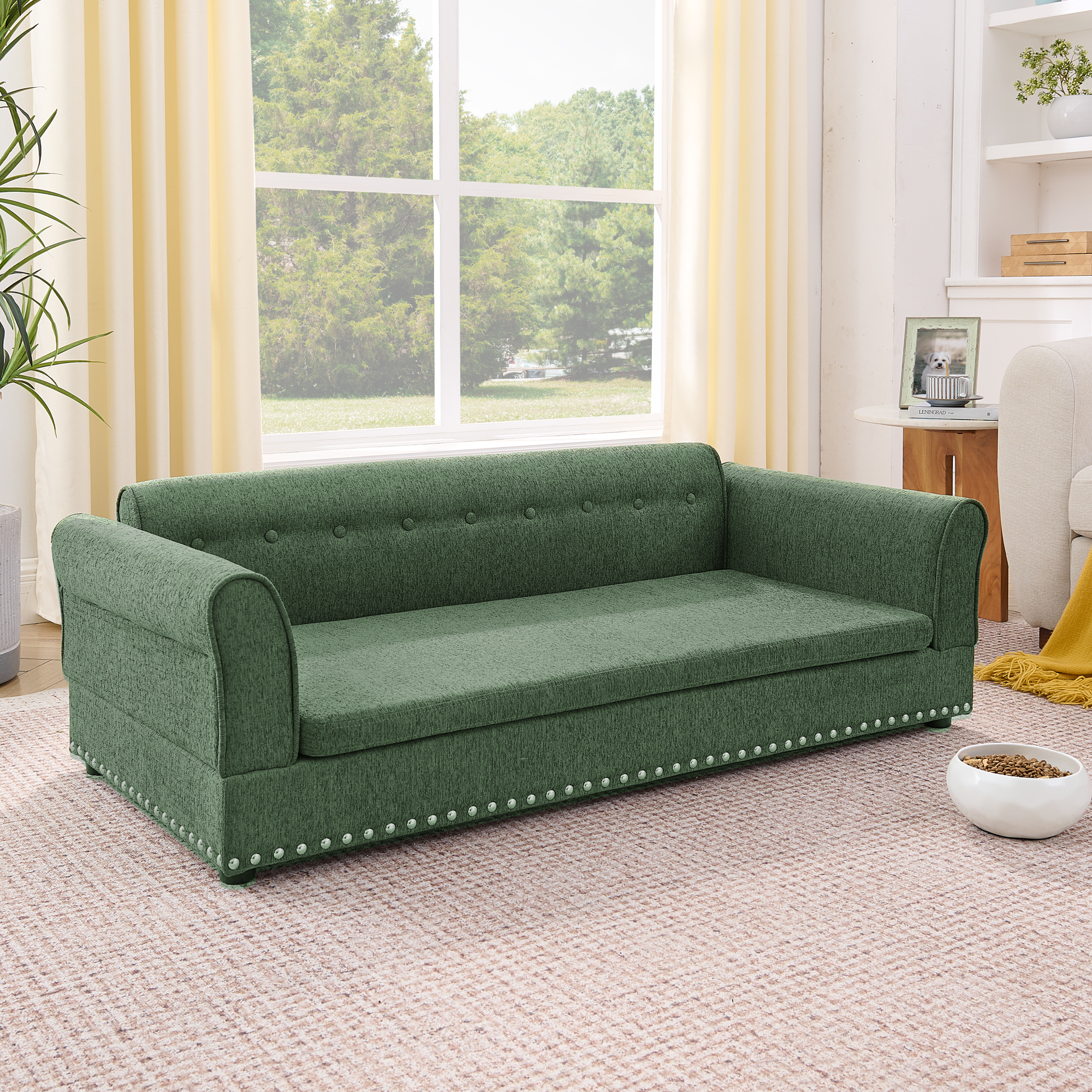 Silla de Comodidad para Mascotas Grande, Sofá Moderno en Tela de Lino con Espalda y Manijas para Perros Grandes - Verde Oliva — imagen 2