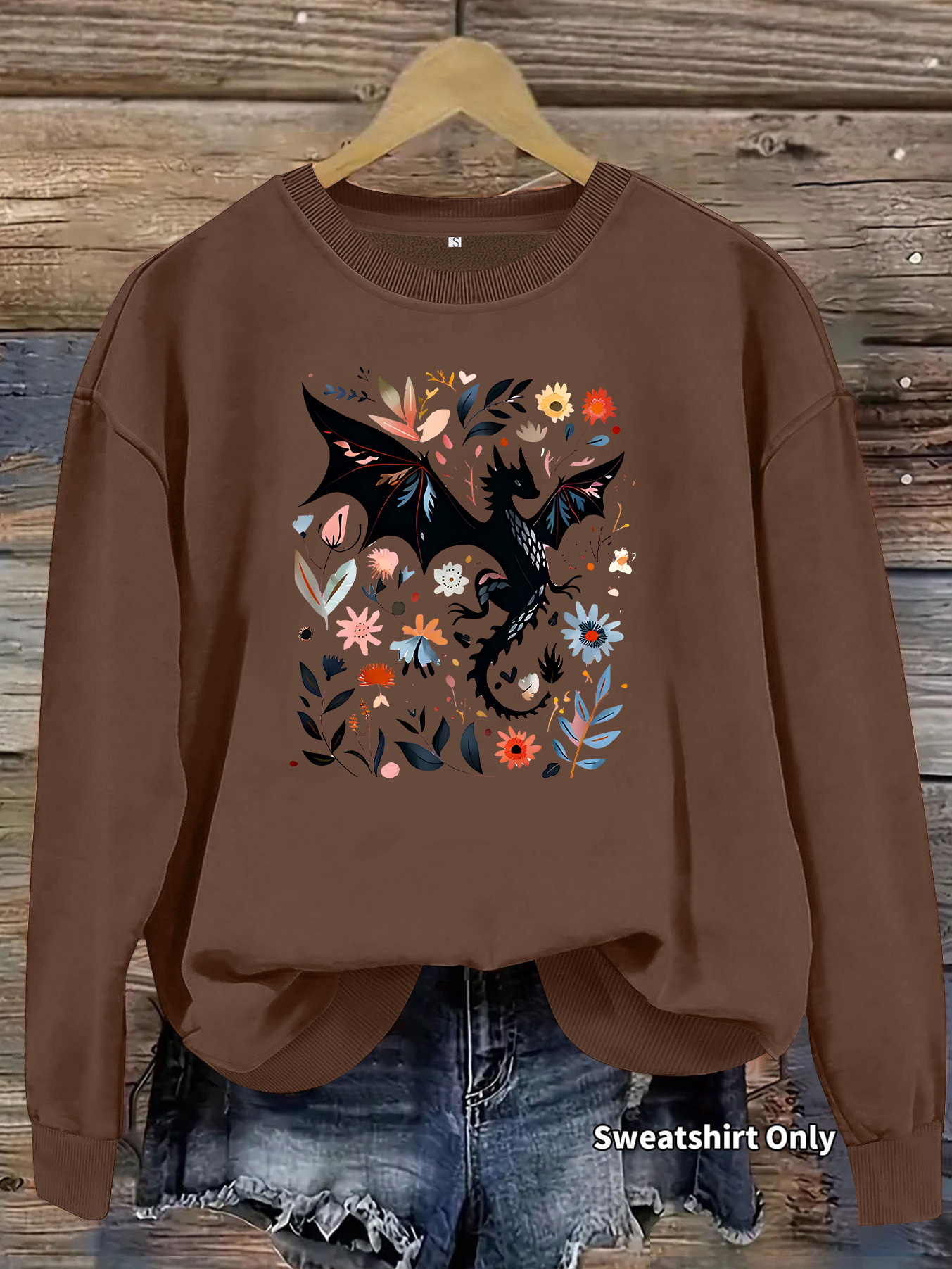 Dragon pattern and floral print round neck fleece hoodie — image 12