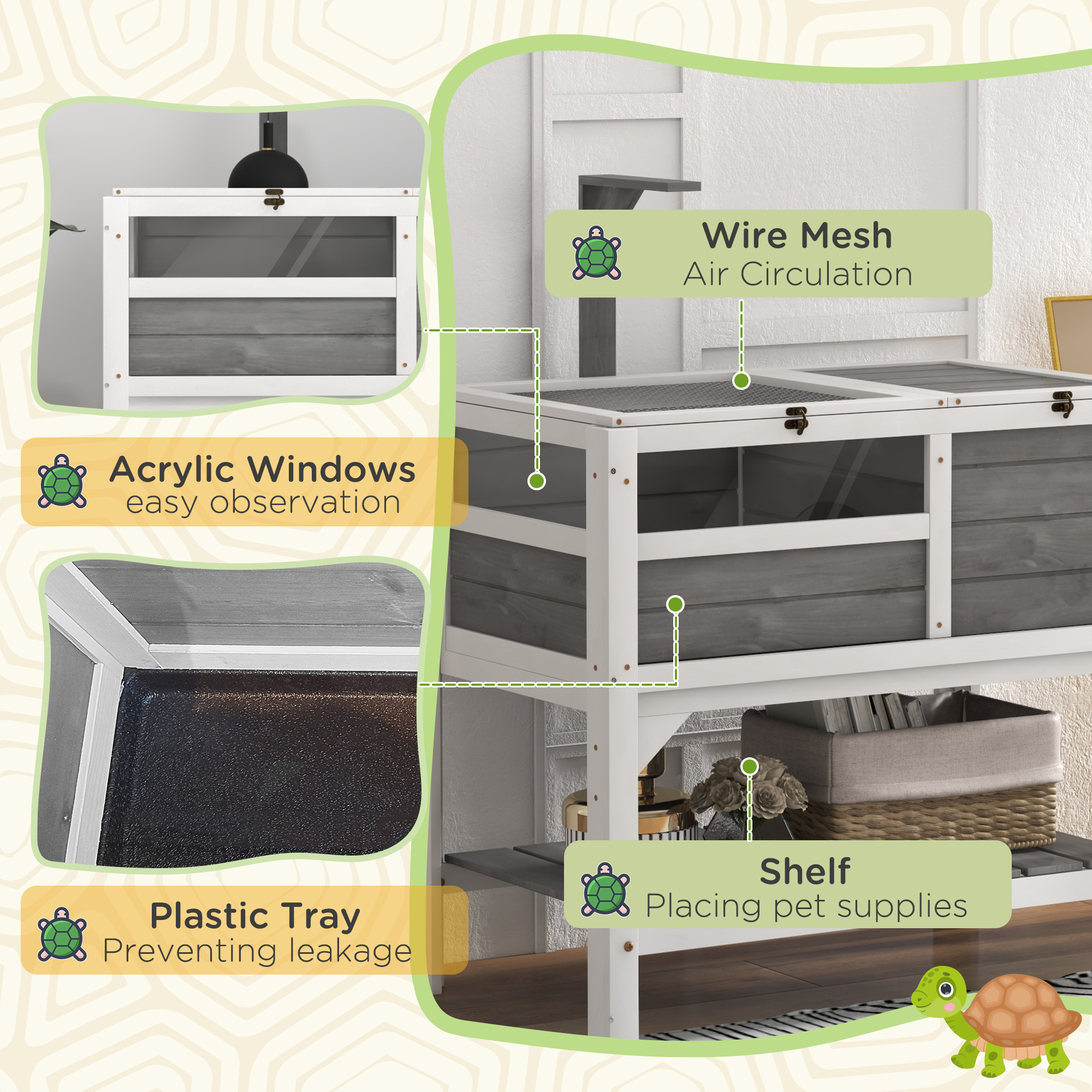 Hábitat de Tortuga con Almacenamiento en Estantería Regalo para Tortugas con Protección Climática para Interior, Gris Claro — imagen 6