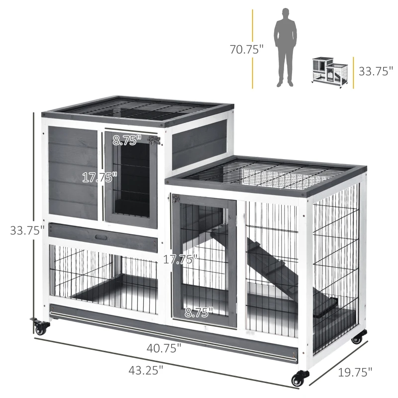 Wooden Rabbit Hutch Elevated Bunny Cage Indoor Small Animal Habitat With Enclosed Run With Wheels, Ramp, Removable Tray For Rabbits, Chickens, Ducks, Guinea Pigs, Gray — imagen 1