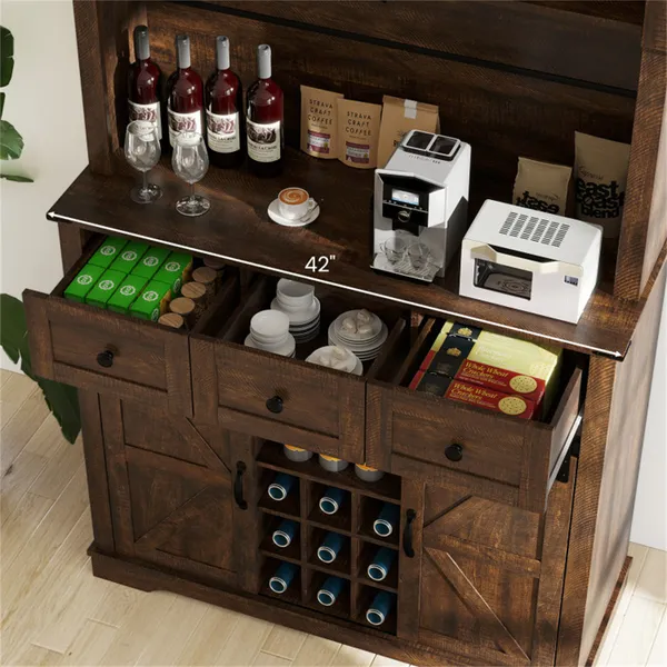 Armario de Pantry Farmhouse marrón de 72" con Hutch, Puertas de Cerradura y Estantería para Vino — imagen 2
