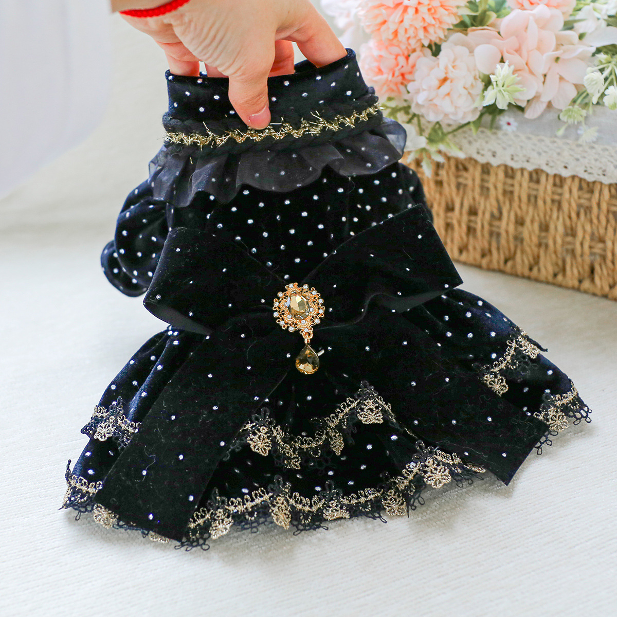 Pet Clothes Spring Autumn Small Dog Puppy Dark Black Festival Party Atmosphere Black Gold Dress Skirt — image 5