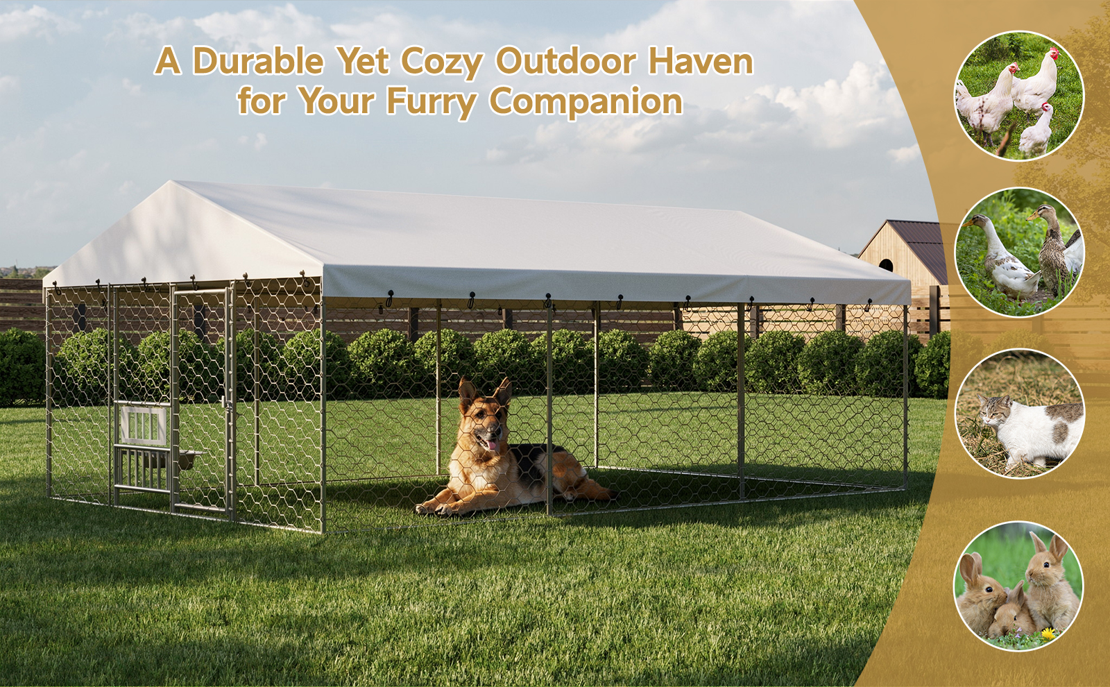 Jaula al aire libre grande para perros con techo, estructura de acero galvanizado resistente, cubierta impermeable, platos de alimentación elevados integrados, jaula de juego segura y cerrada para perros grandes y múltiples animales — imagen 13