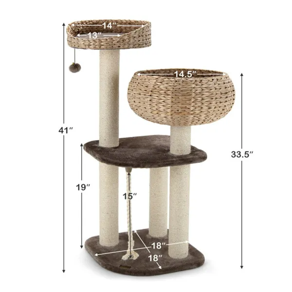 Árbol de Gato tejido a mano con juncos de Hyacinth acuático, 3 postes de sisal para rascar centros de actividad multi-nivel para gatos-Marrón — imagen 4